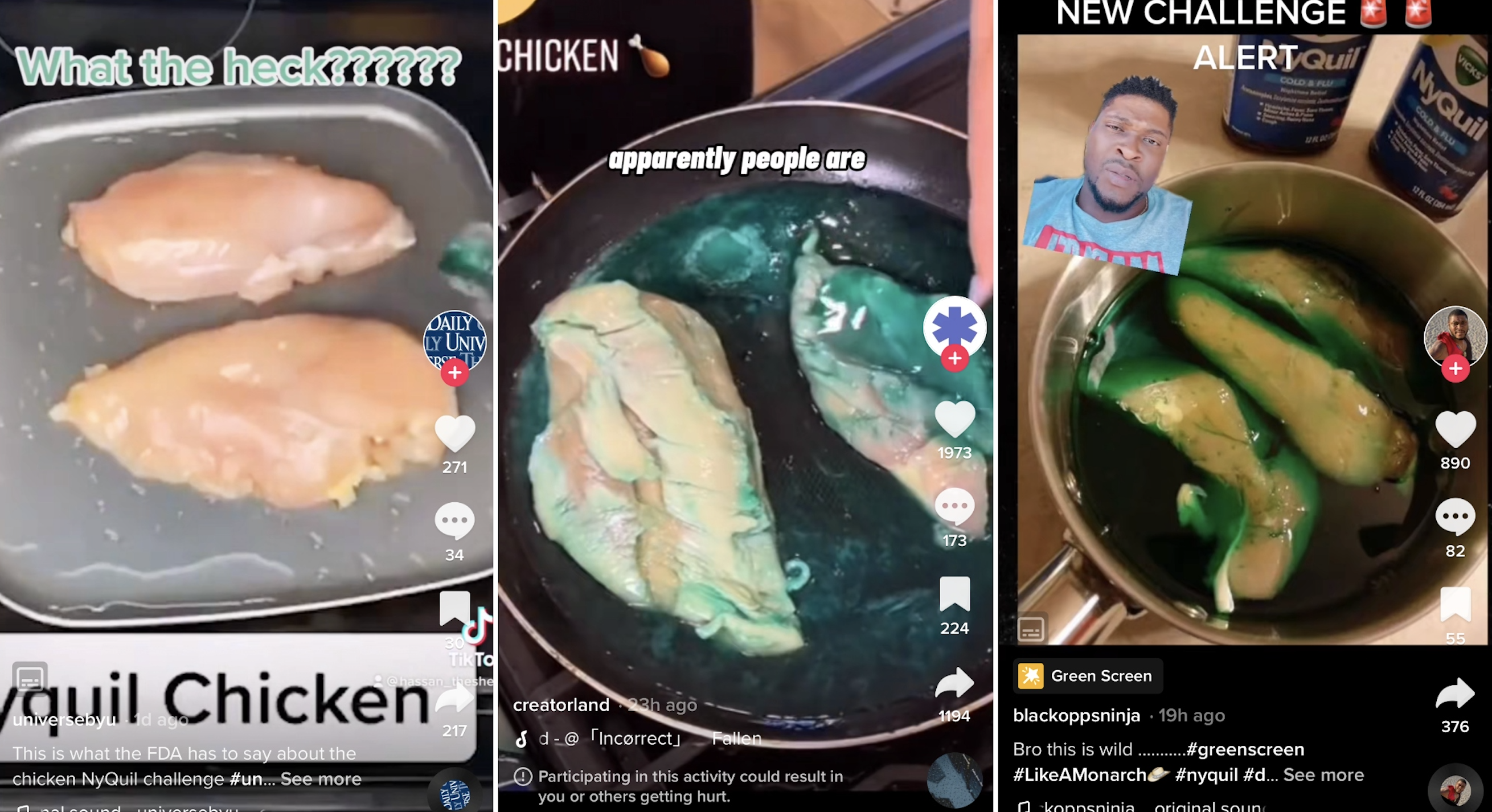 Three photos of the NyQuil chicken from TikTok.
