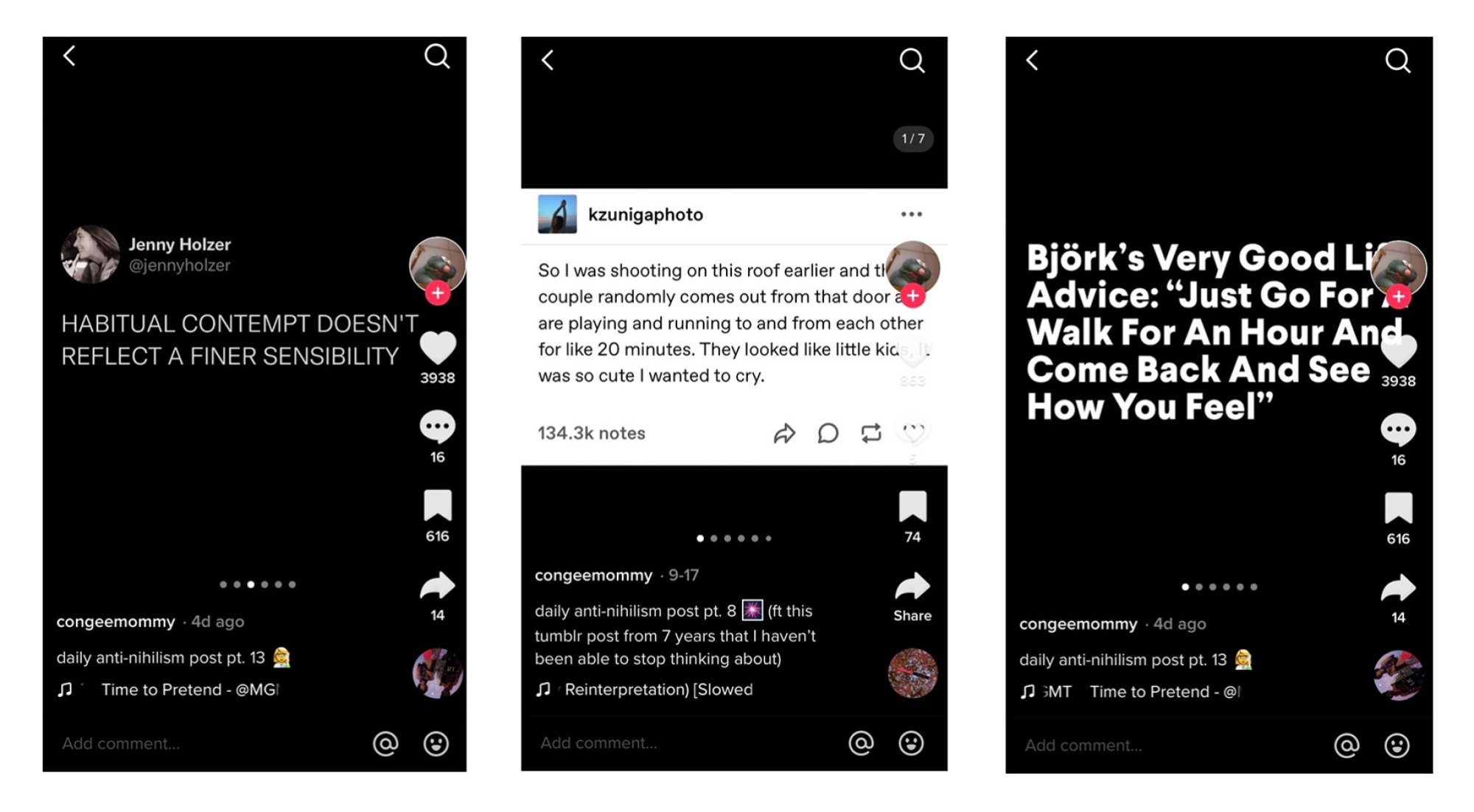 Three text based examples of @congeemommy's "daily anti-nihilism" slideshows.