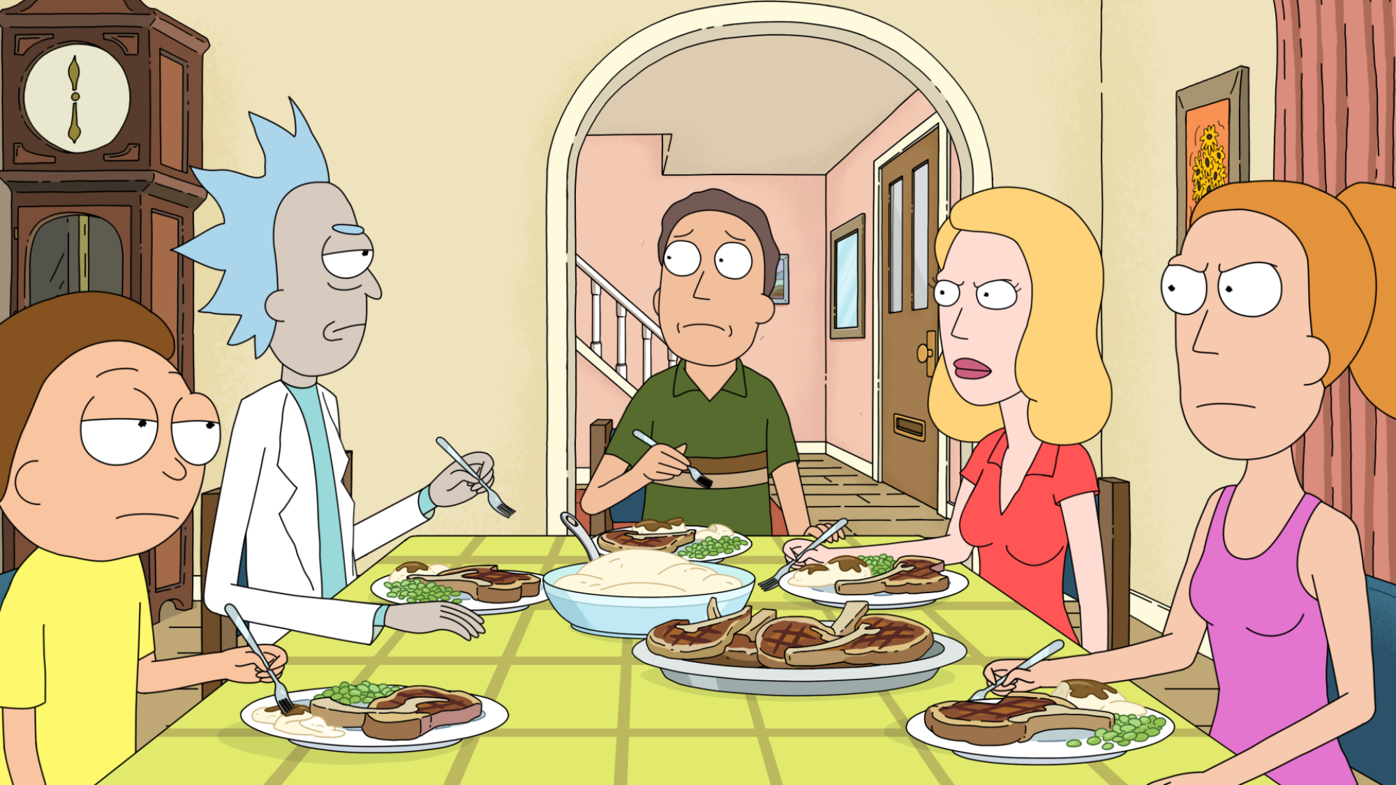 The Smith family at dinner in "Rick and Morty."