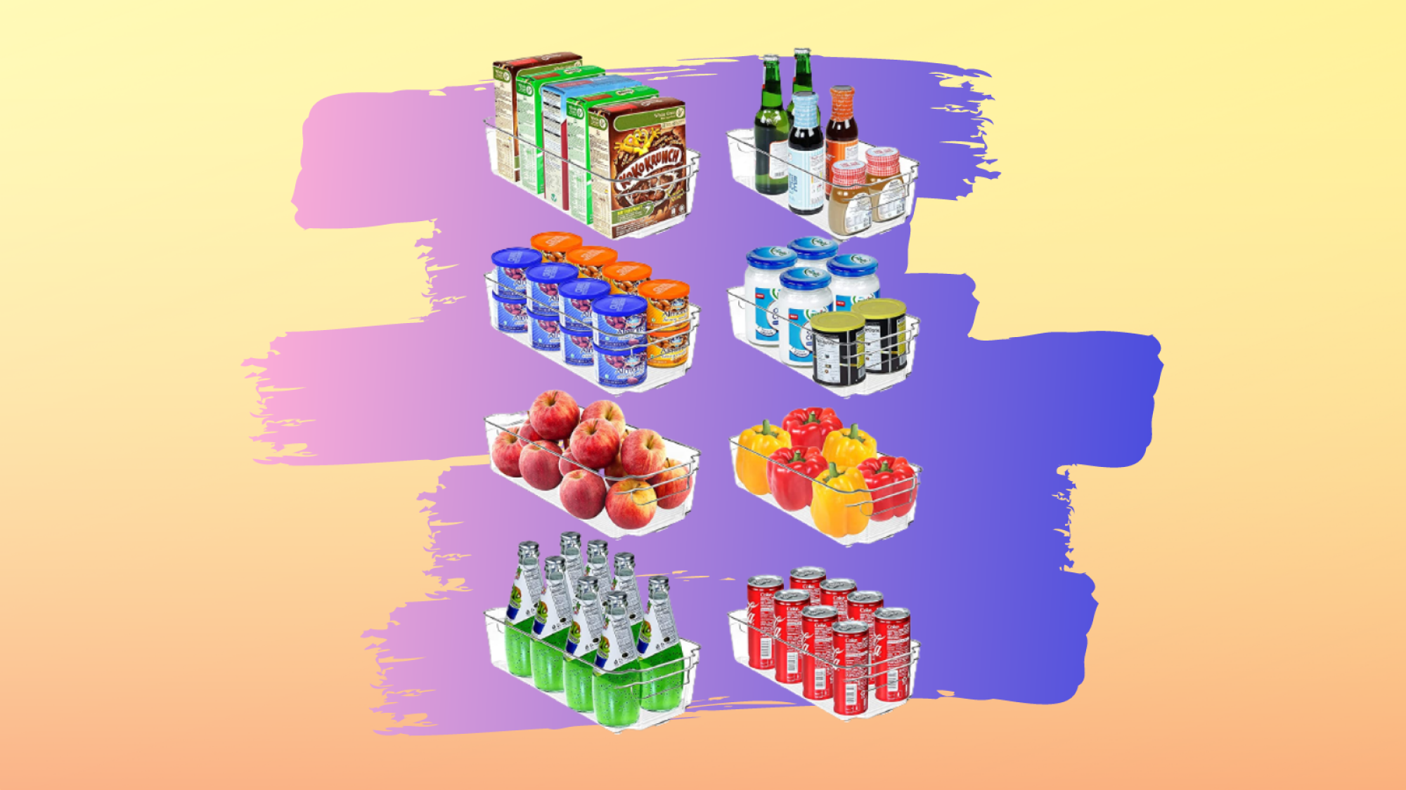 clear organizers with groceries inside with purple and yellow gradient background