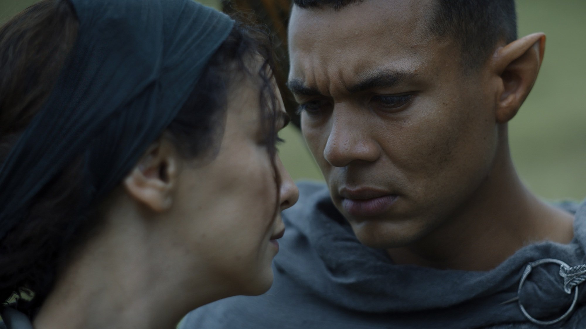 A human woman and an elven man stand close, staring intently at each other.