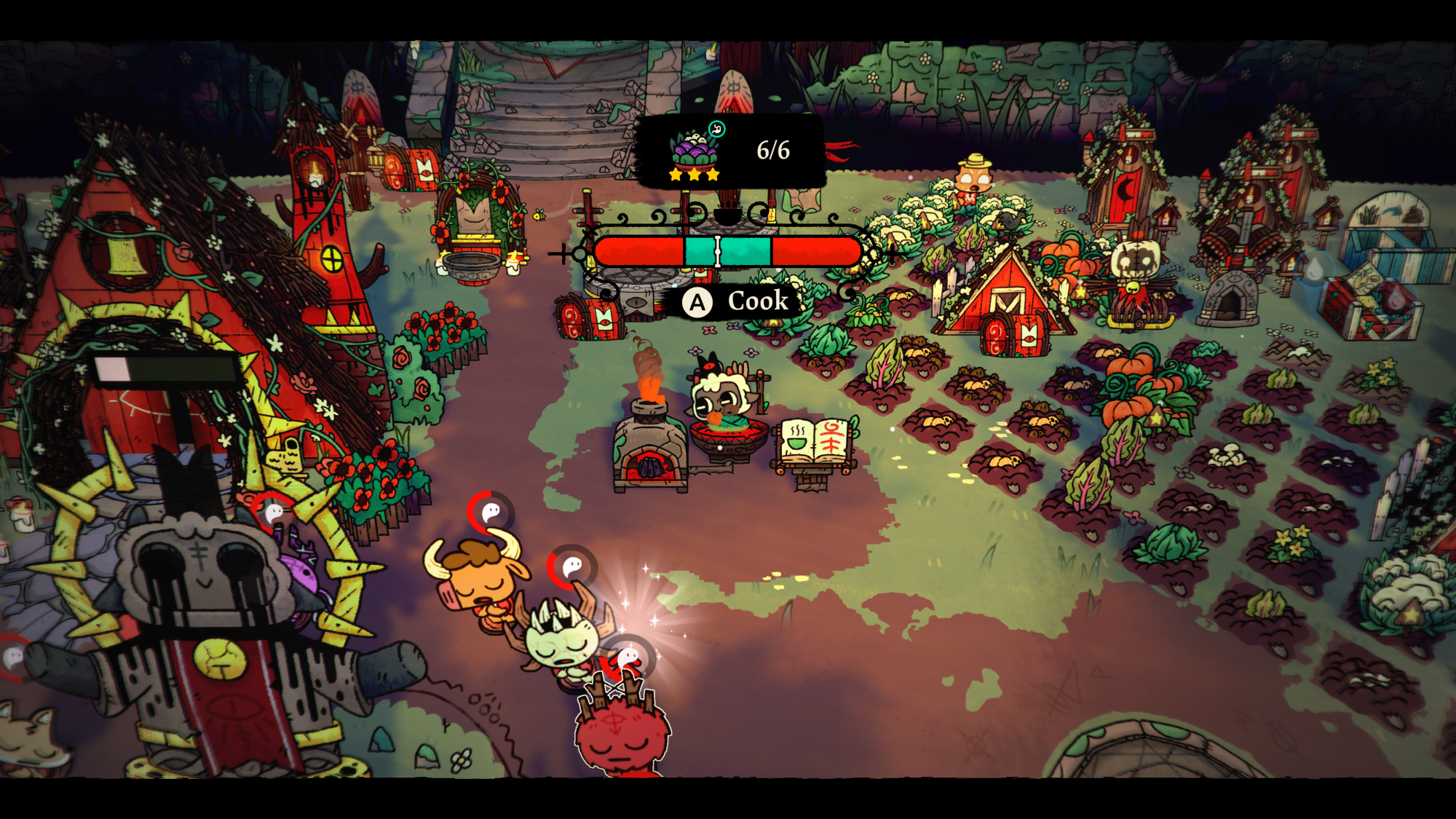 A screenshot from The Cult of the Lamb showing the Lamb cooking.