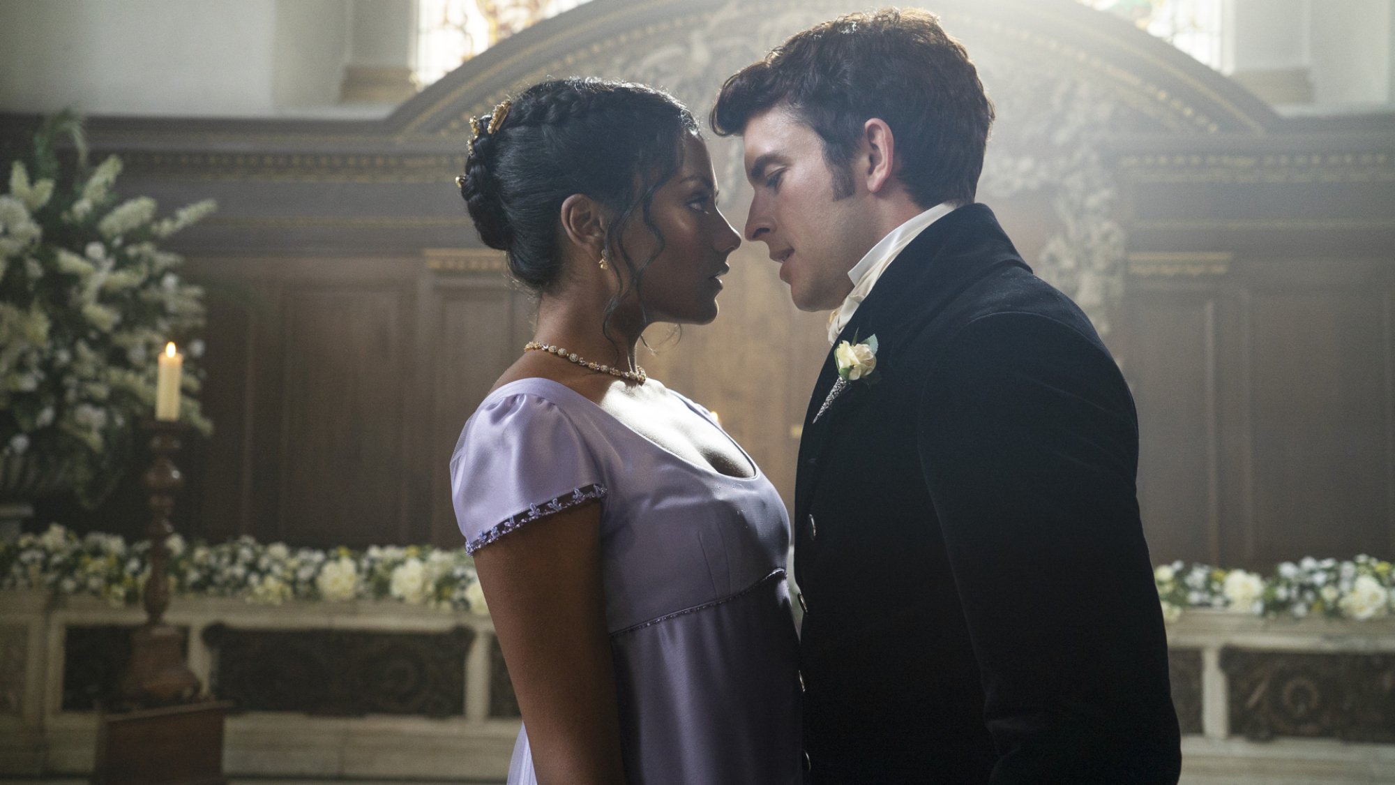 Simone Ashley as Kate Sharma and Jonathan Bailey as Anthony Bridgerton in "Bridgerton."