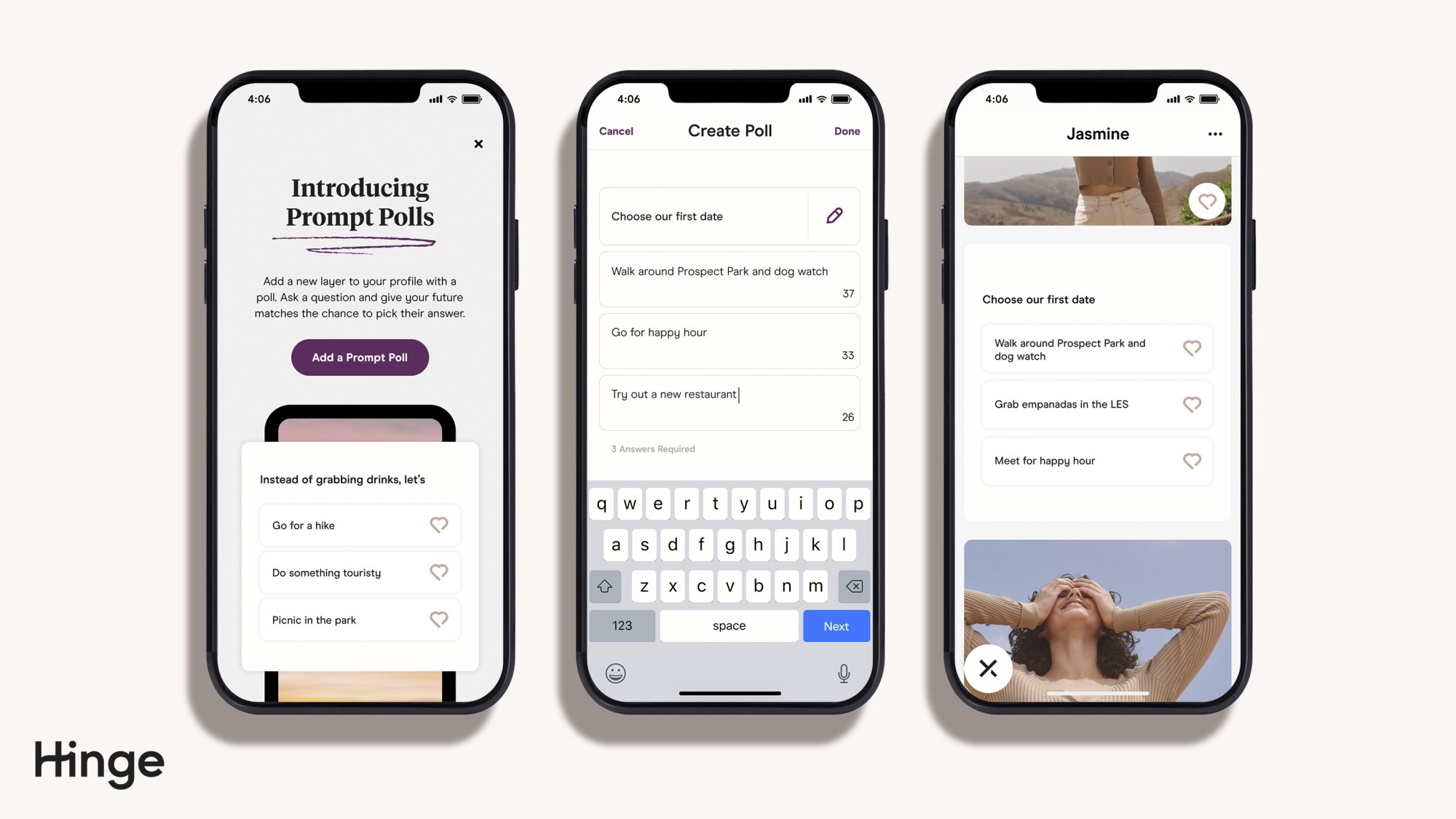 Screenshots of the Hinge app with the new poll feature, which allows daters to reply to multiple choice answers