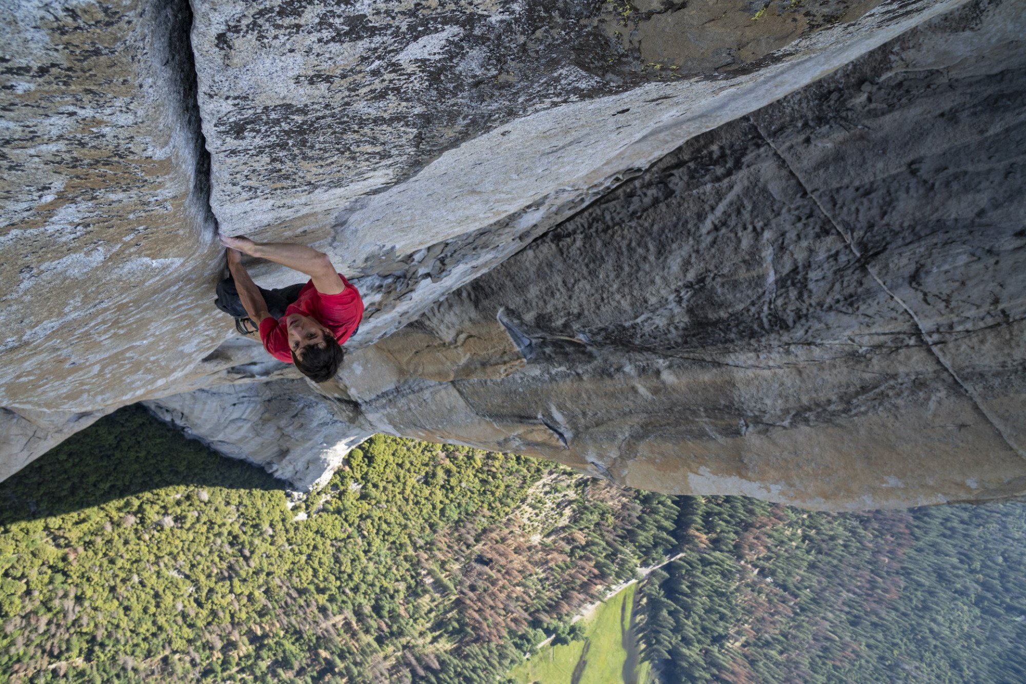 Alex Honnold making the first free solo ascent of El Capitan's Freerider in Yosemite National Park, CA