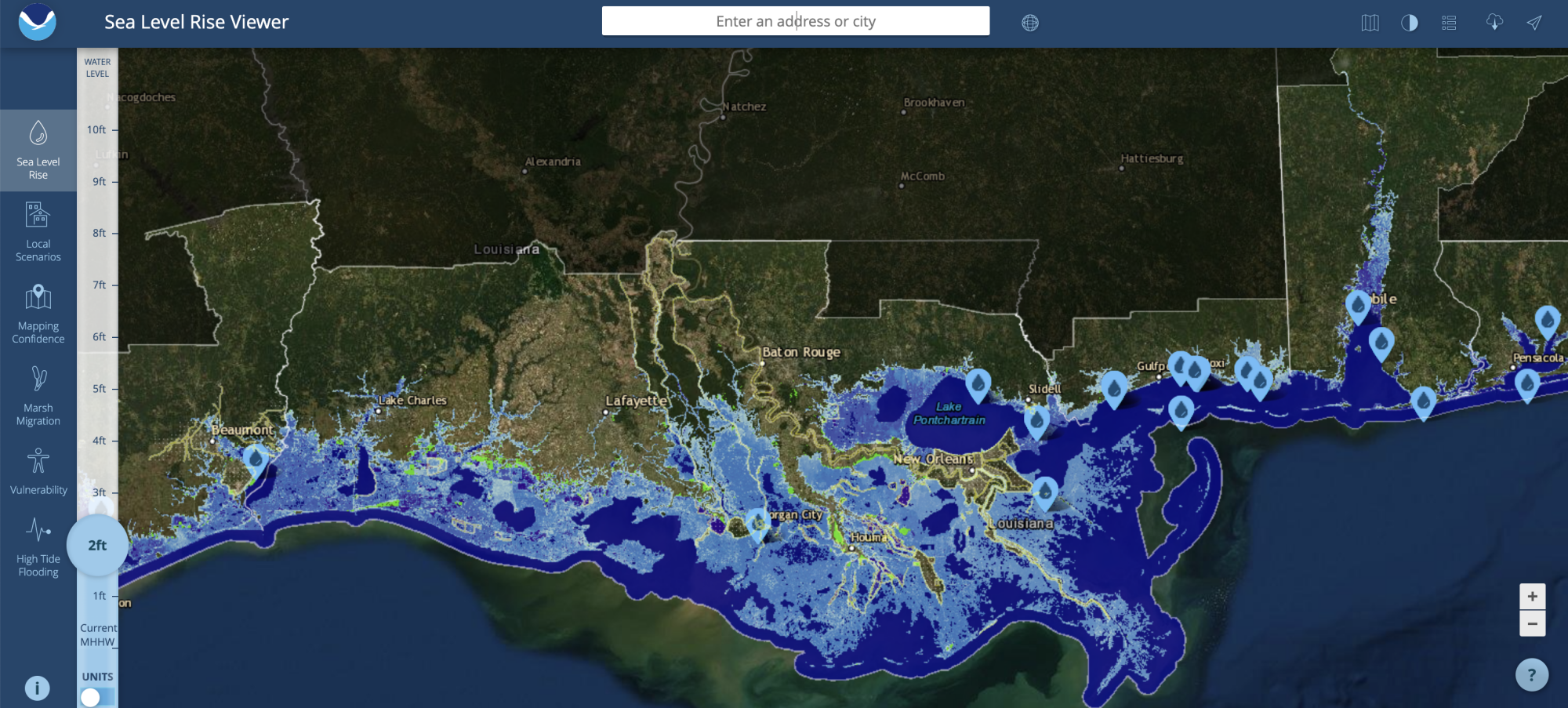 A screenshot from NOAA's Sea Level Rise Viewer showing the flooded southern coast of Louisiana