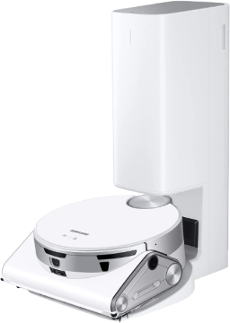 samsung jet bot ai+ robot vacuum in white with charging station