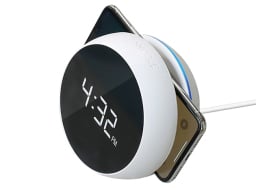 Desktop Wireless Charger with Alarm Clock on a white background.