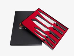 five piece set of Seido Japanese chef knives in red and black box
