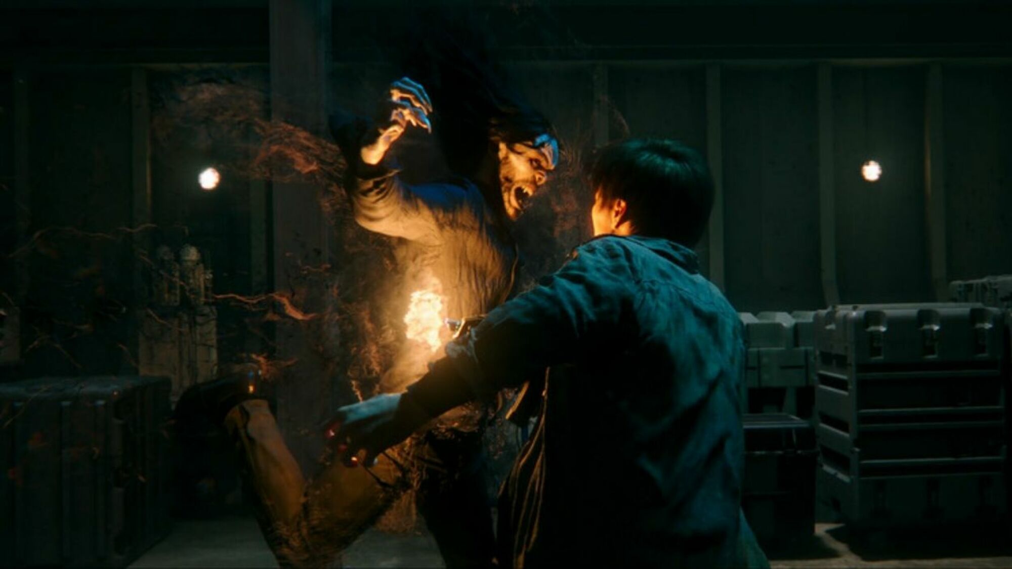 A vampire attacks a man at night.