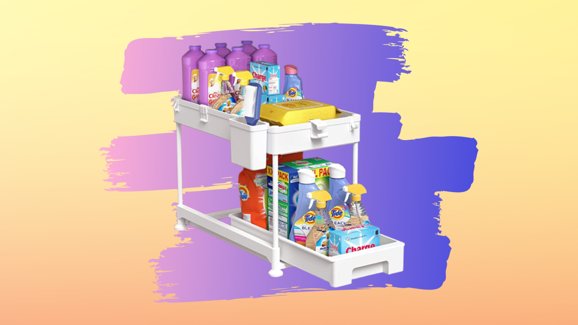 white organizer full of kitchen cleaning products