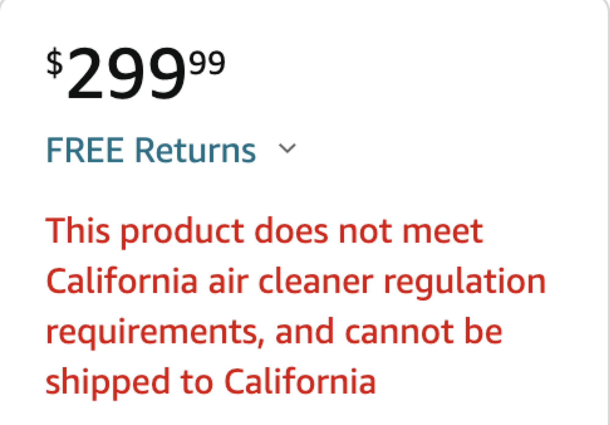 screenshot of amazon page and notice that product does not meet California air regulations