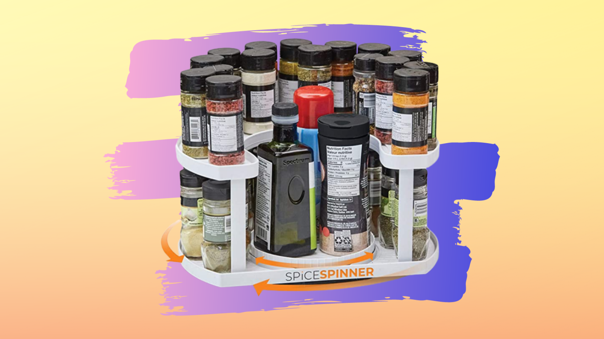two tiered spice rack filled with spices with purple and yellow background