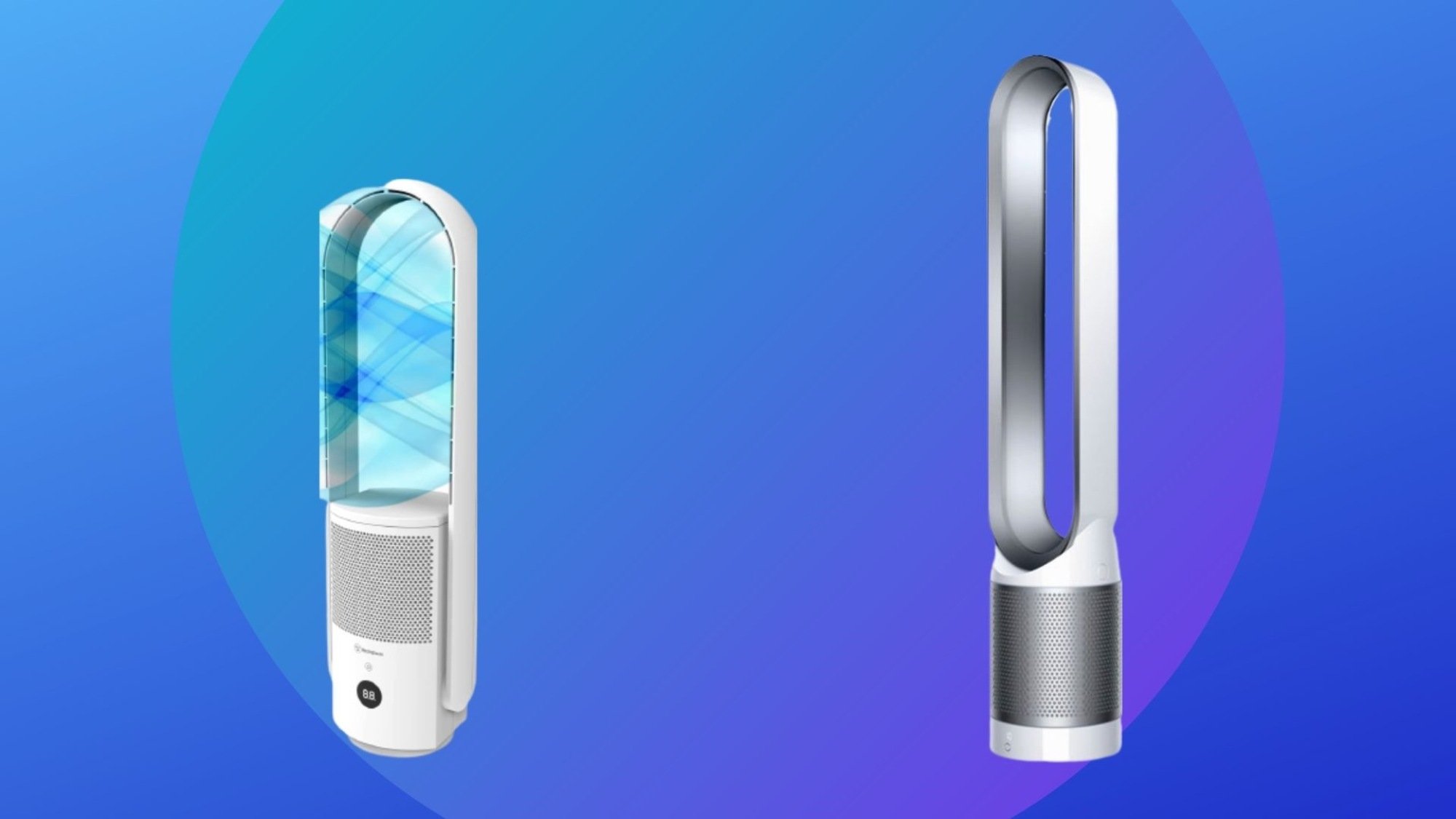 westinghouse fan and dyson pure cool side by side on a blue background