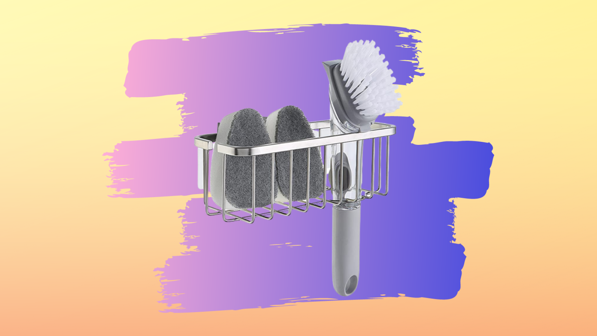 silver sink caddy holding sponges and scrub brush