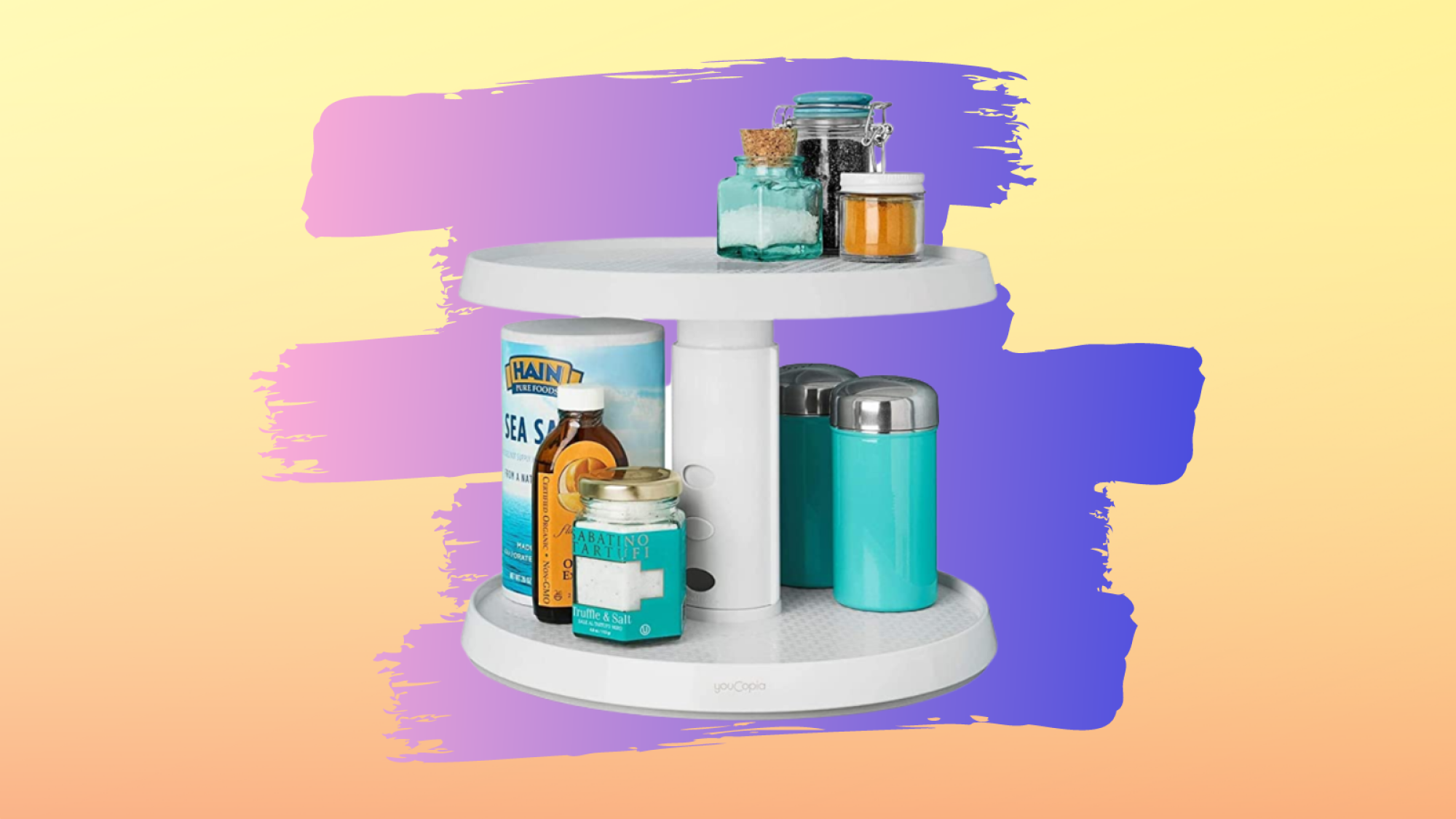 two tiered white lazy susan spinner with spices on top