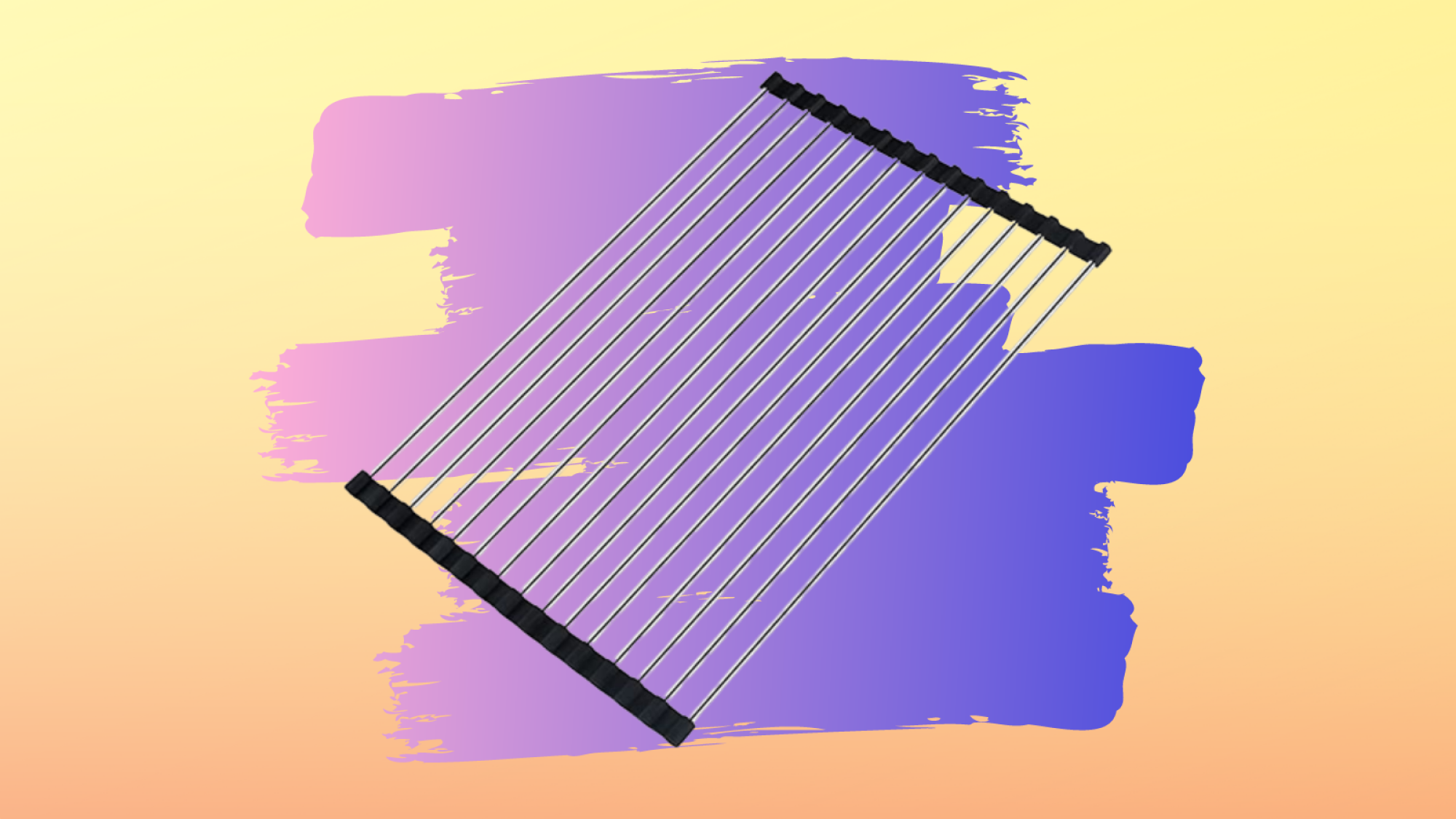 dish drying rack in silver and black with purple and yellow background