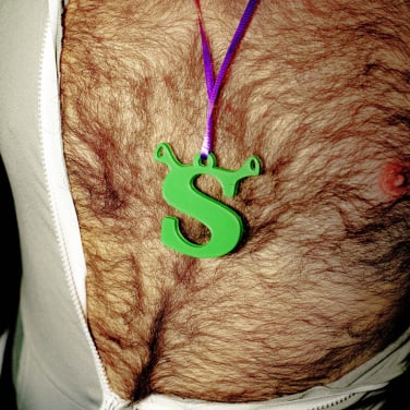 Shrek necklace laying on chest