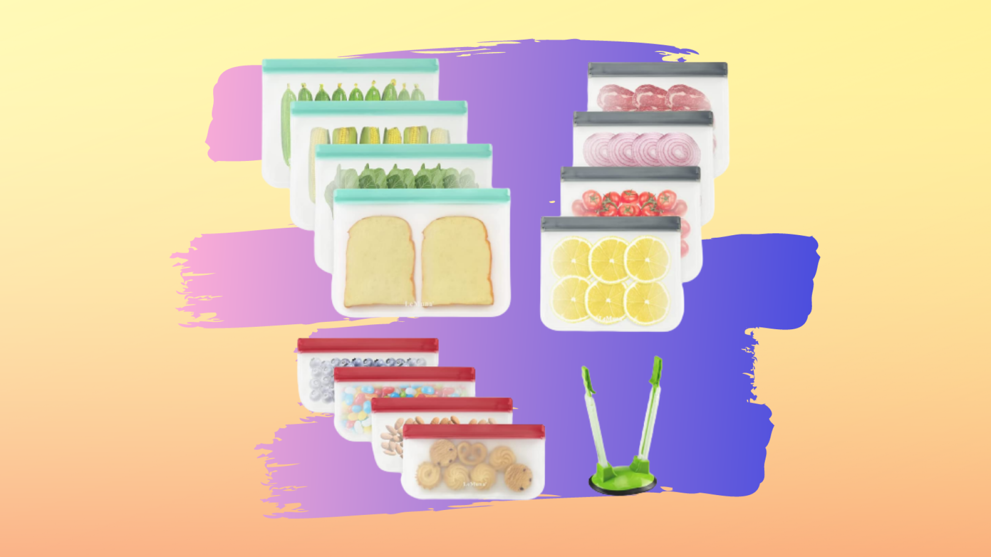a variety of food storage bags in different sizes with different snacks inside