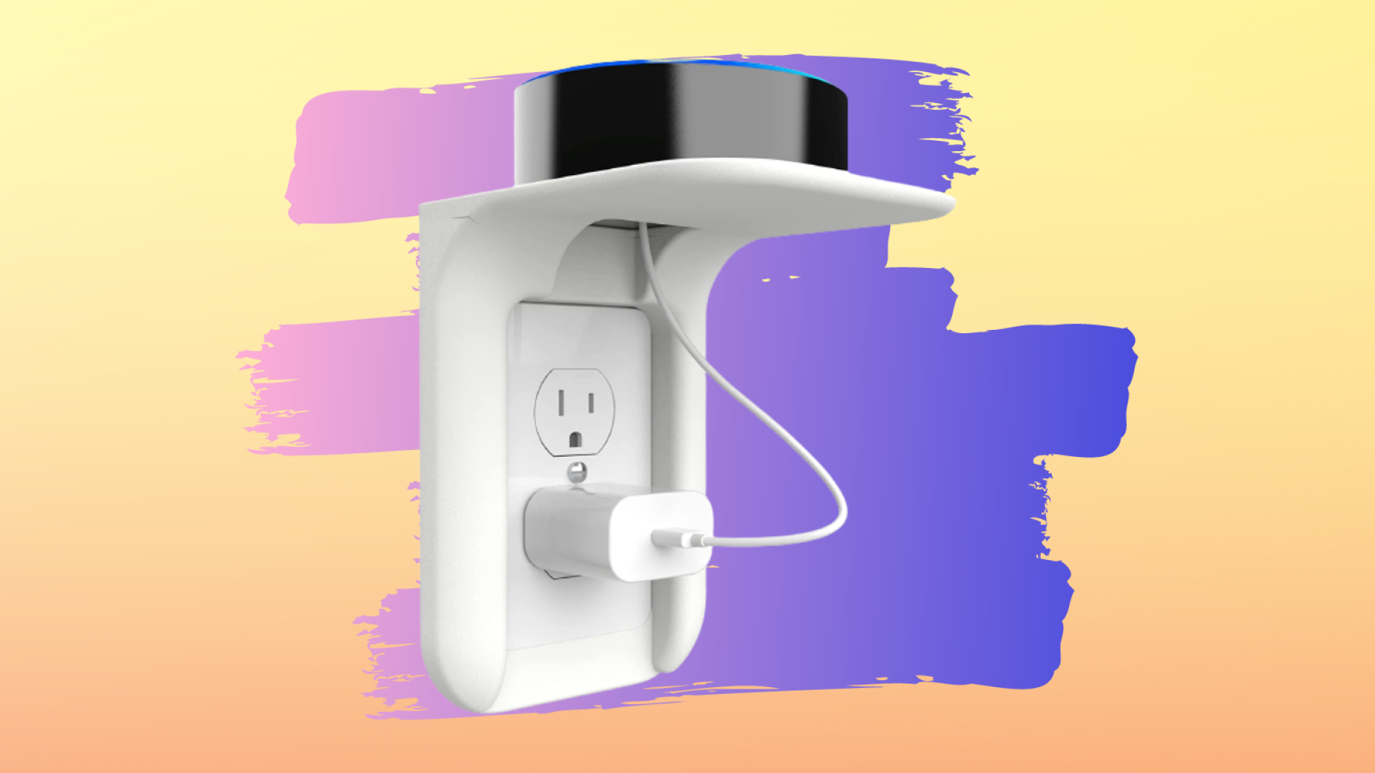 white outlet with shelf atop holding smart speaker