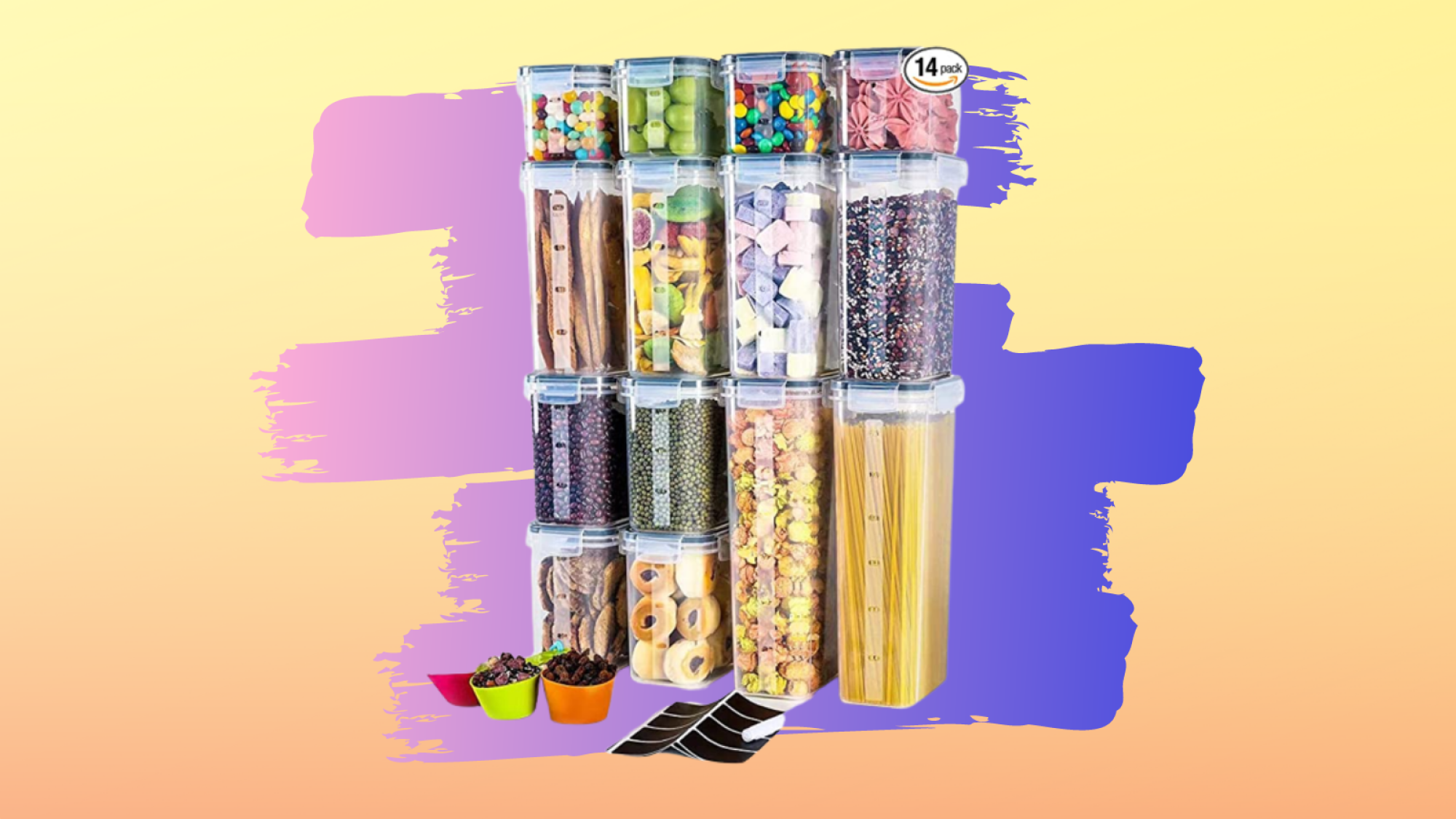 clear airtight food storage containers stacked up with candy and snacks inside