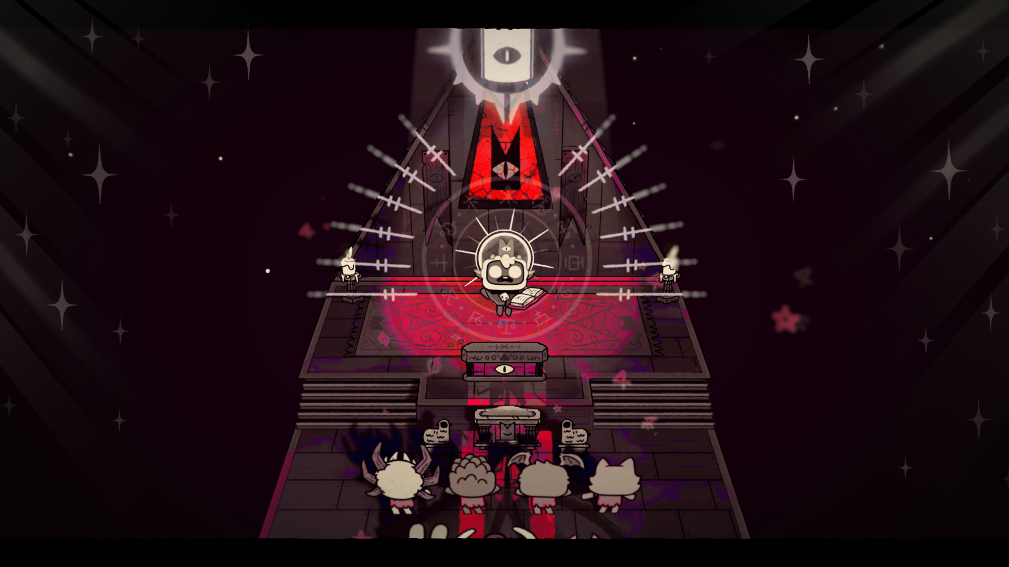 A screenshot from The Cult of the Lamb showing the Lamb giving a sermon.