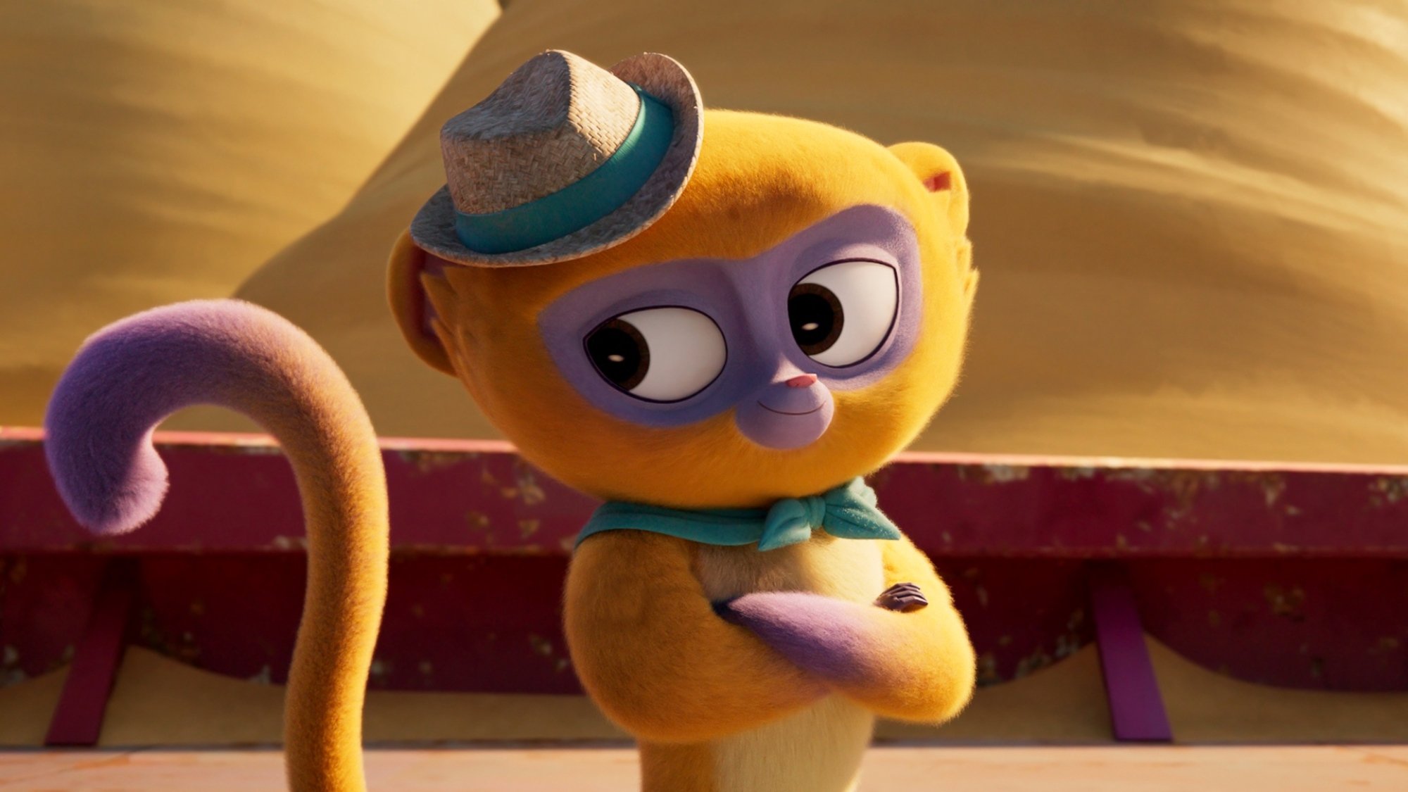 An animated, colorful kinkajou wearing a little hat looks skeptically off to the side.