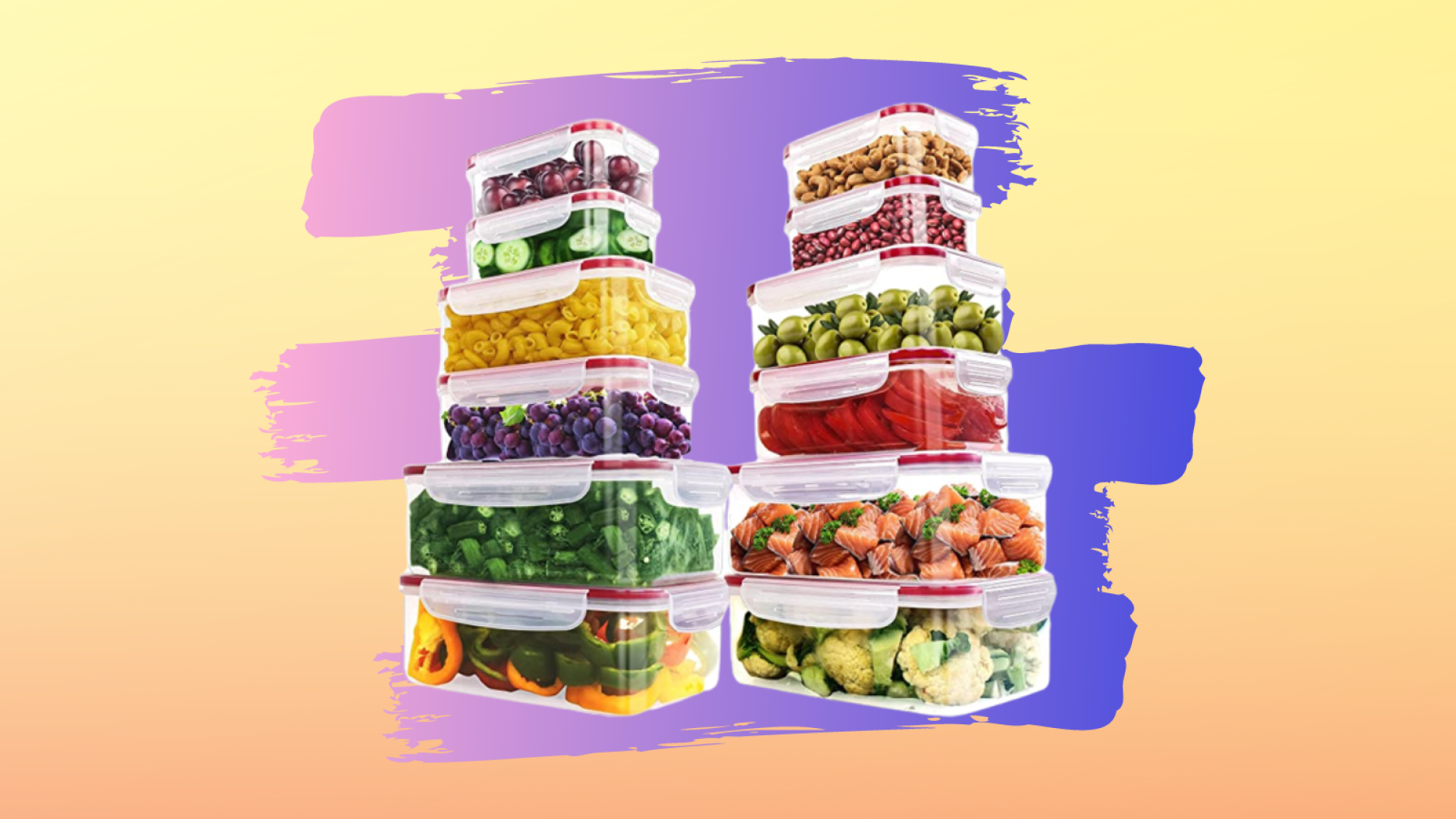 food storage containers stacked with snacks inside