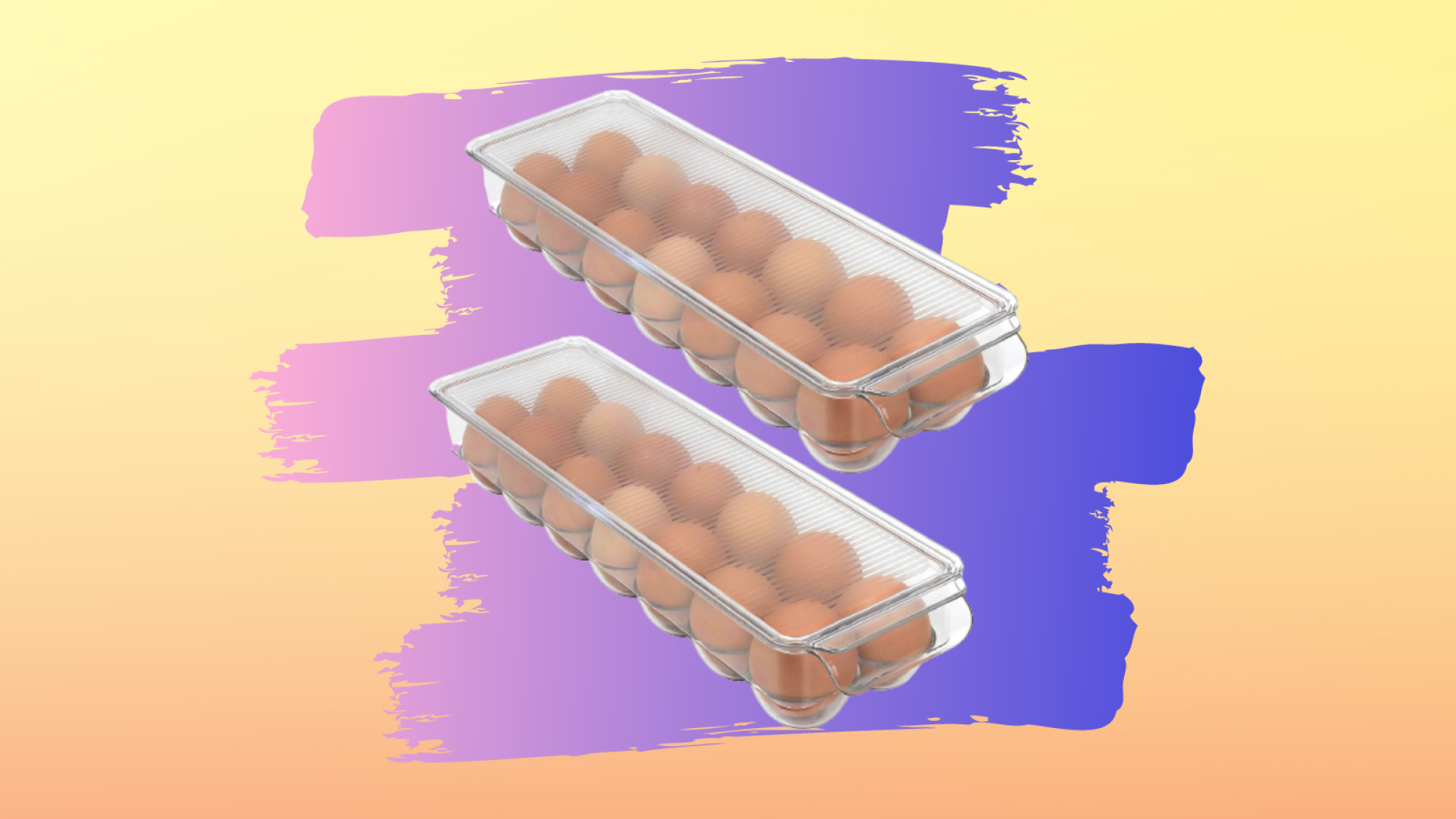 two clear egg trays full of brown eggs with purple and yellow background