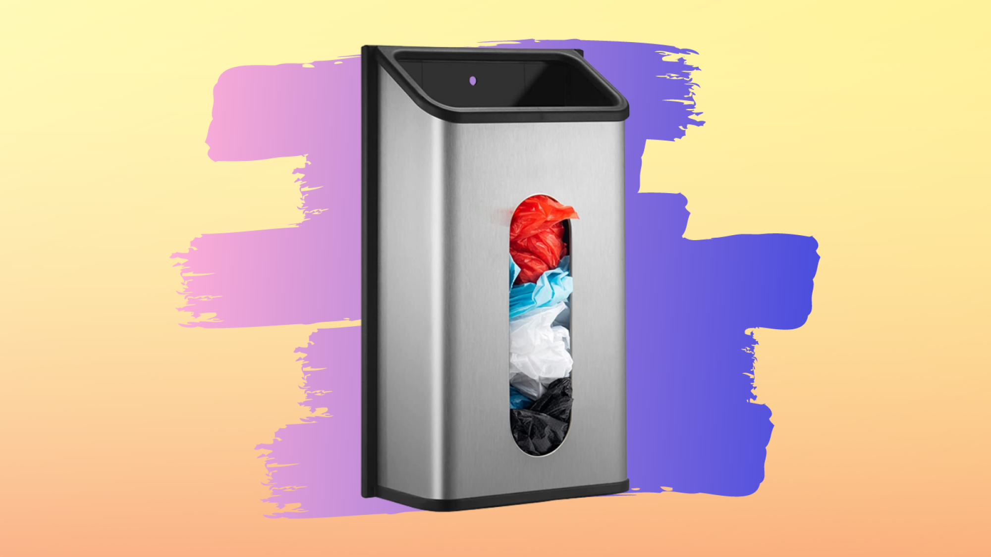 silver and black grocery bag dispenser with purple and yellow background