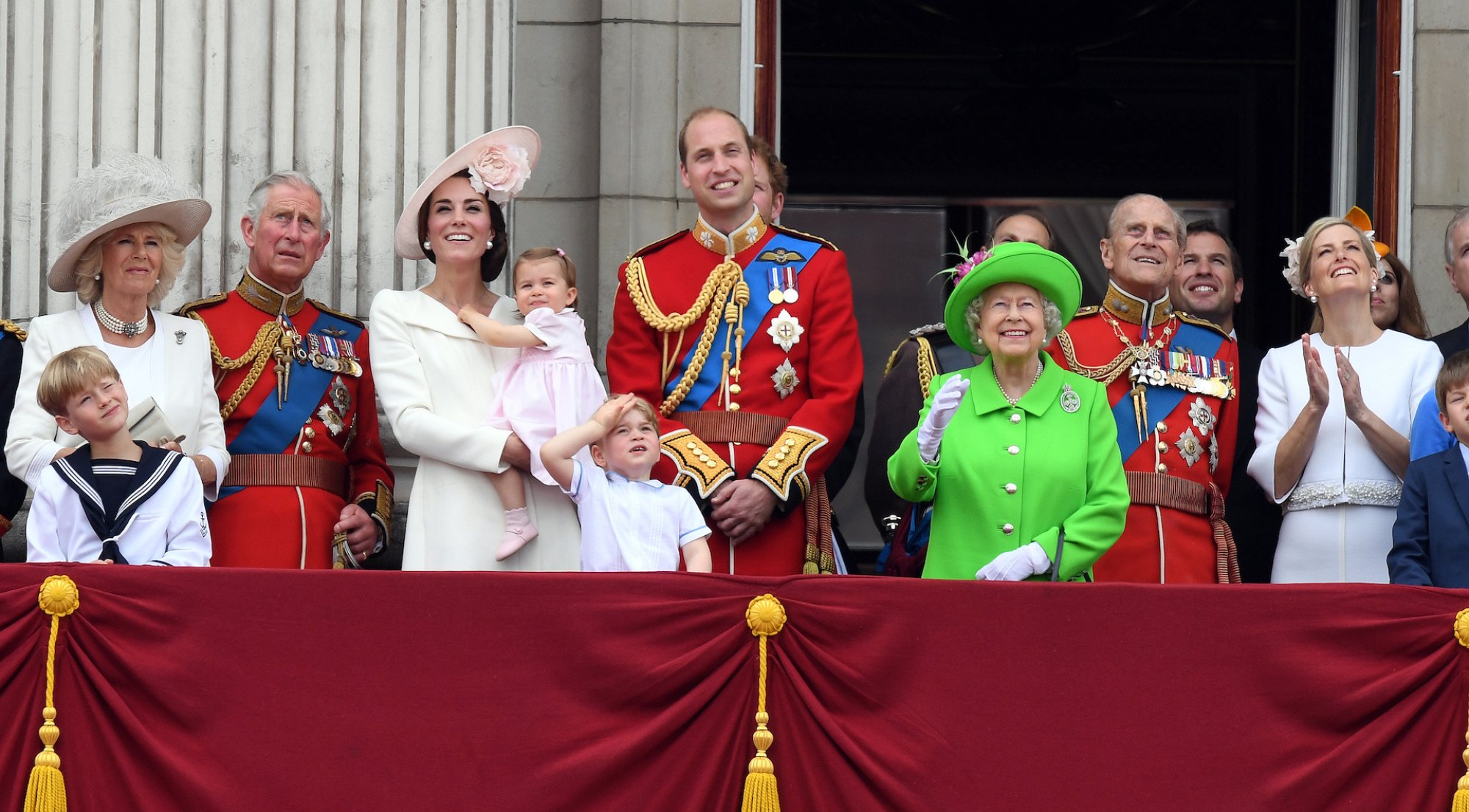 Camilla, Duchess of Cornwall, Prince Charles, Prince of Wales, Catherine, Duchess of Cambridge, Princess Charlotte of Cambridge, Prince George, Prince William, Duke of Cambridge, Queen Elizabeth ll and Prince Philip, Duke of Edinburgh appear on the balcony of Buckingham Palace following the Trooping the Colour ceremony to mark the Queen's official 90th Birthday on June 11, 2016 in London, England.