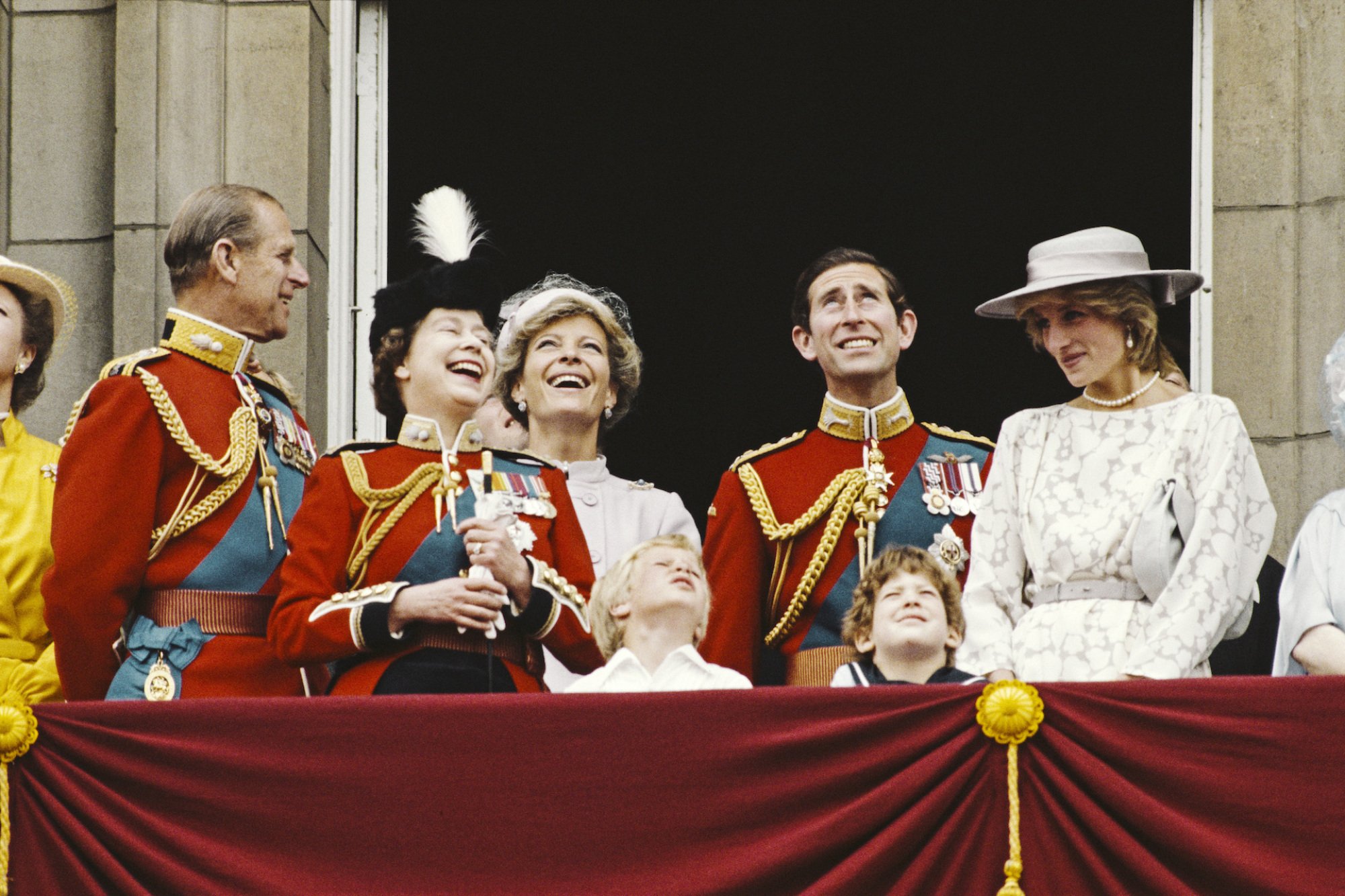 Princess Anne, Prince Philip, Queen Elizabeth II, Princess Michael of Kent, Prince Charles, Princess Diana, and other member of the British Royal Family on the balcony of Buckingham Palace at the Trooping the Colour ceremony in London, UK, 11th June 1983.