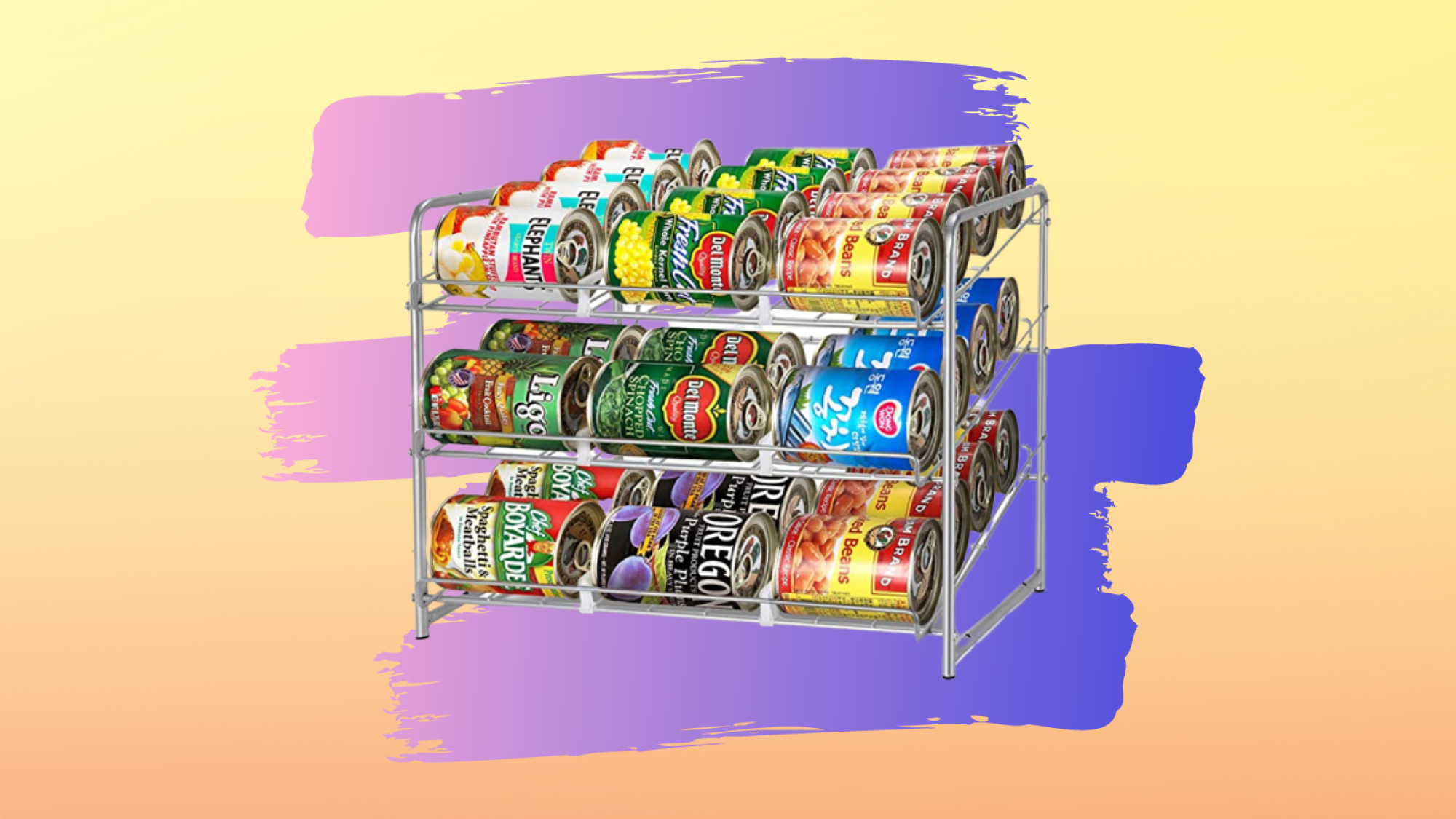 three level can dispenser and holder with purple and yellow background