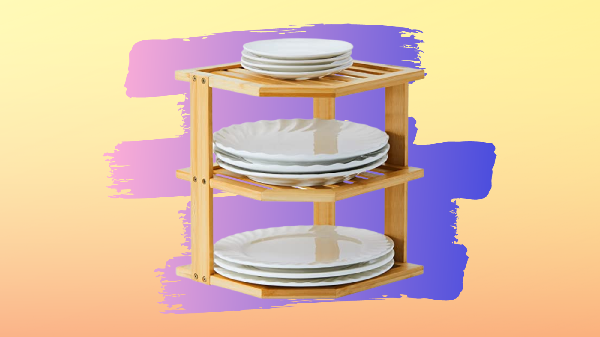 three tiered wooden organizer shelves with white plates on top