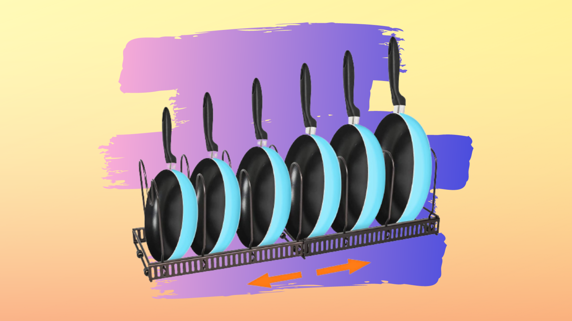 a rack with a variety of blue pans in different sizes with purple and yellow gradient background