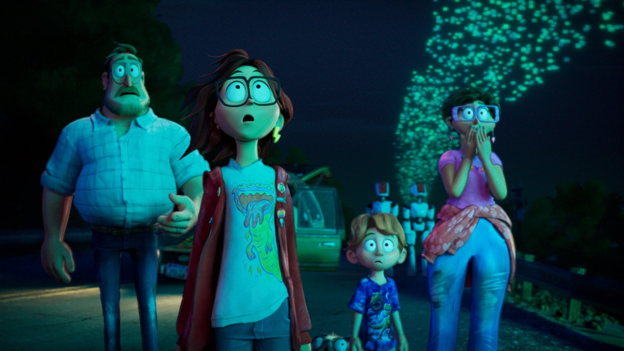 A father, daughter, small son, and mother in an animated night scene look up at the sky with wonder and fear.