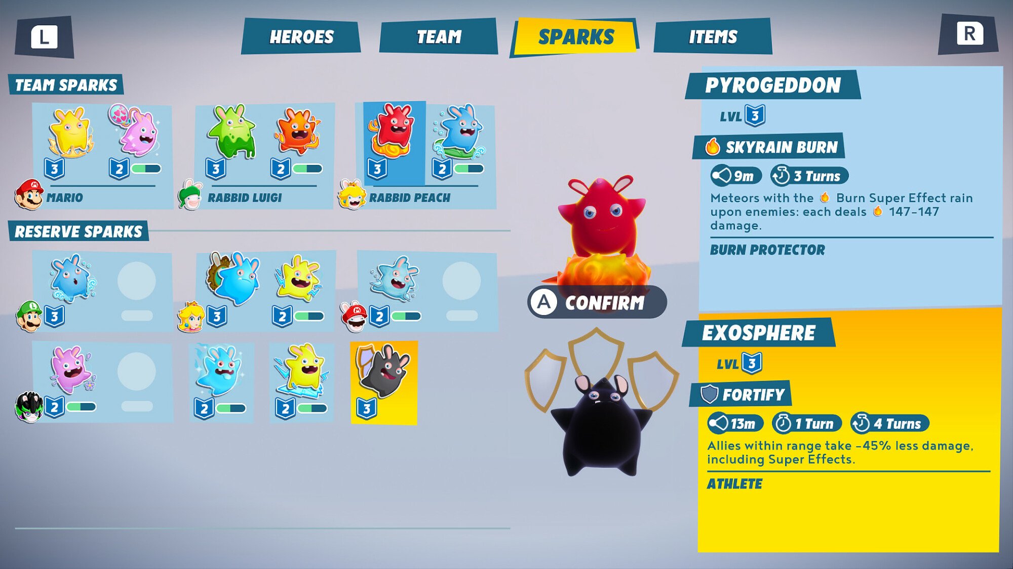 A screenshot of 'Mario + Rabbids: Sparks of Hope' showing the Sparks menu.