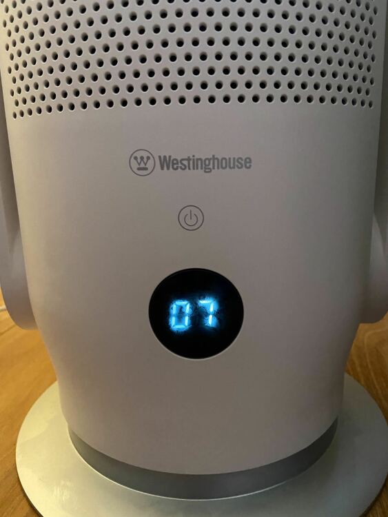 close up of LED screen on base of westinghouse fan