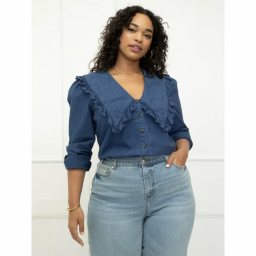 Woman wearing blue chambray shirt with collar