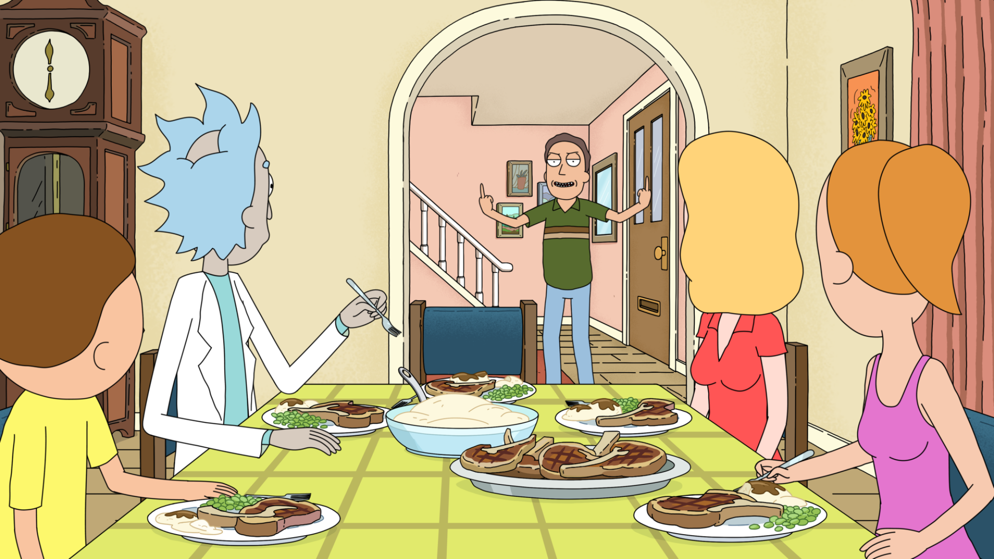 A father flips off his family as they eat dinner.