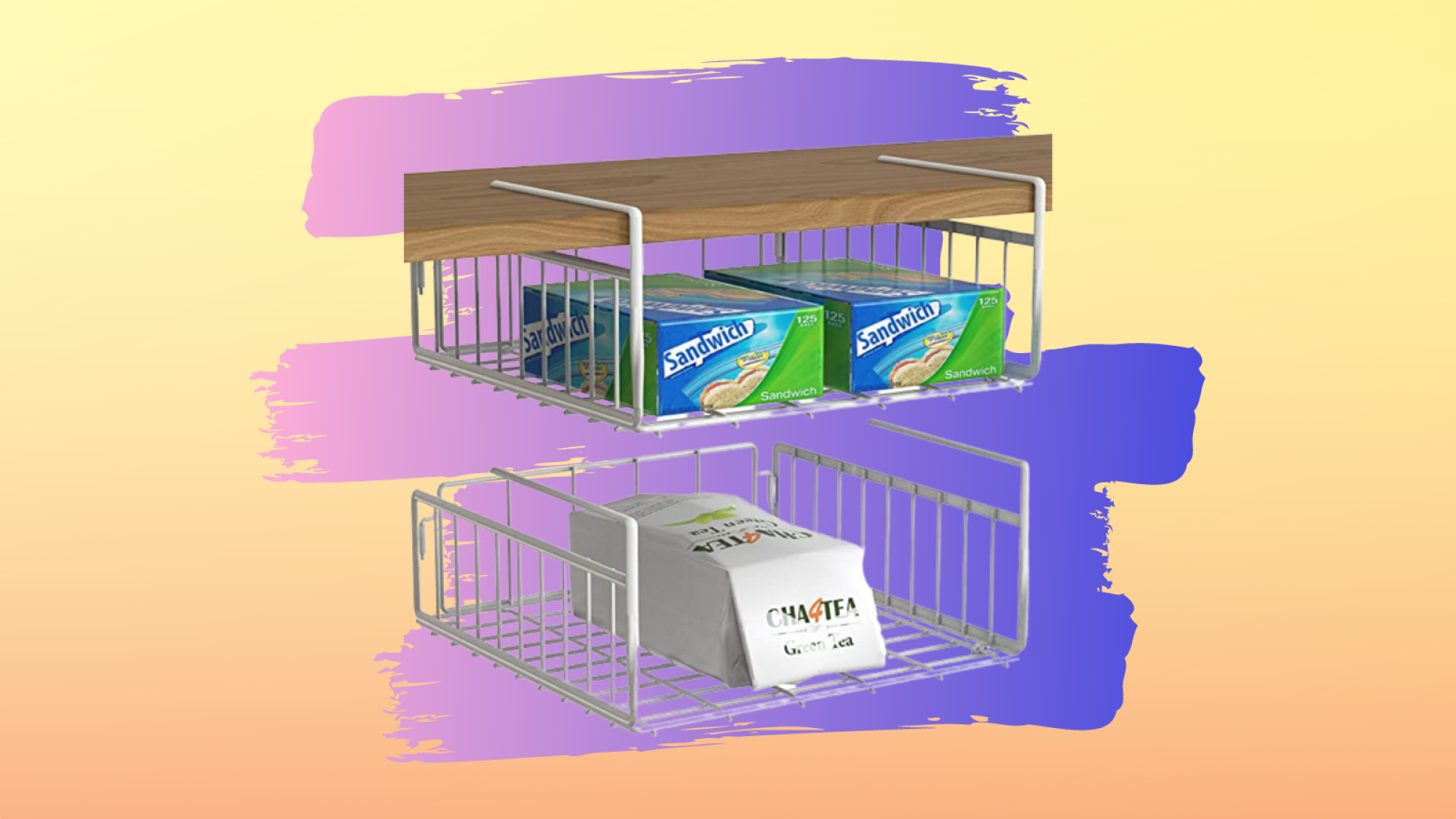 hanging storage baskets attached to countertop with bags and tea