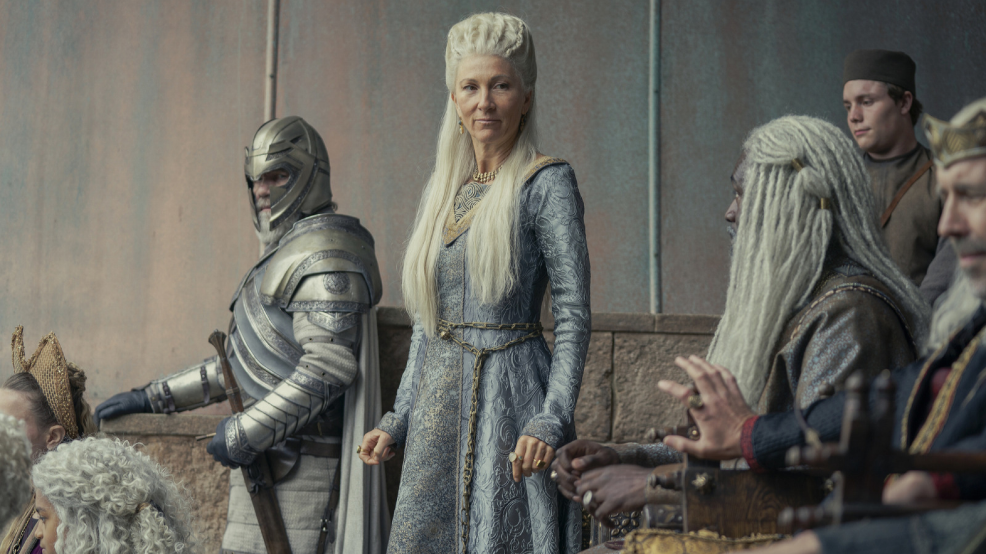 Rhaenys Targaryen stands among knights.