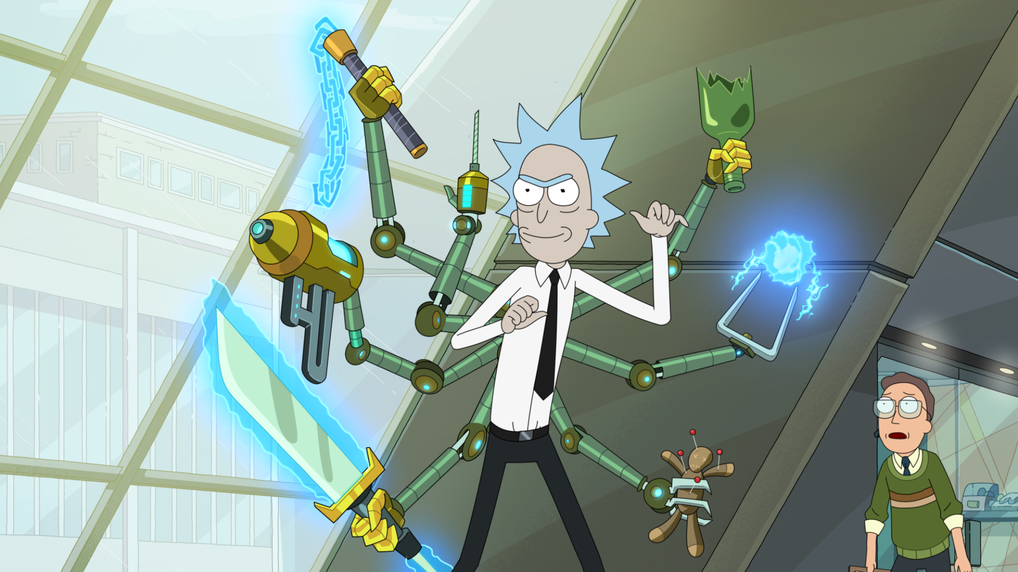 Rick with a bunch of mechanical arms wielding weapons.