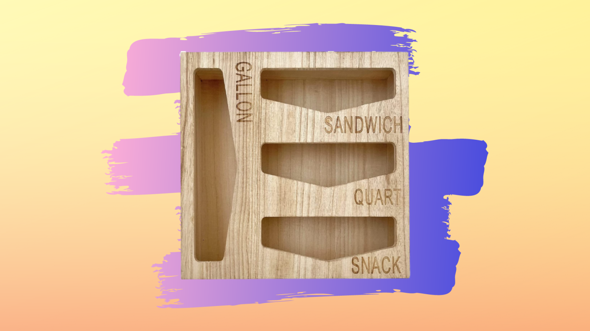 wooden sandwich bag dispenser with yellow and purple gradient background