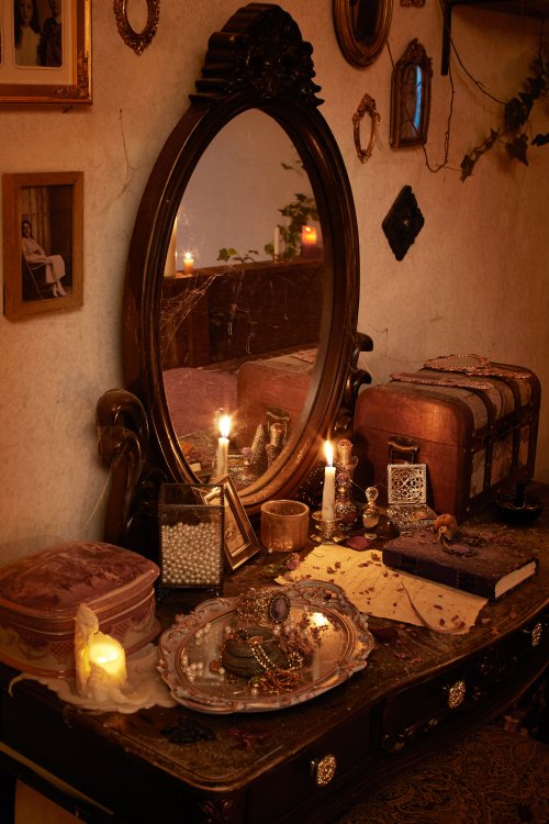 A dressing table with candles.