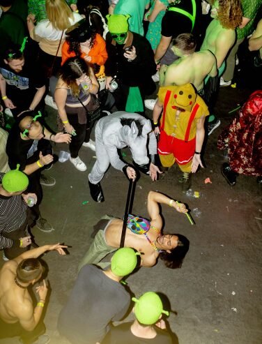 Crowd at shrek rave in costume