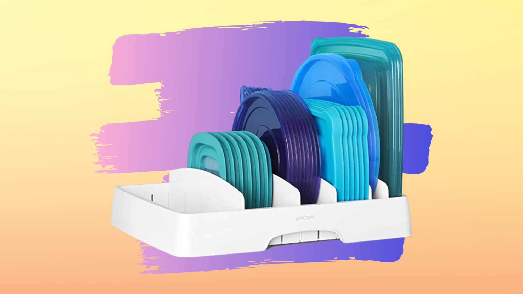 lid storage container full of different sized lids against purple and yellow background