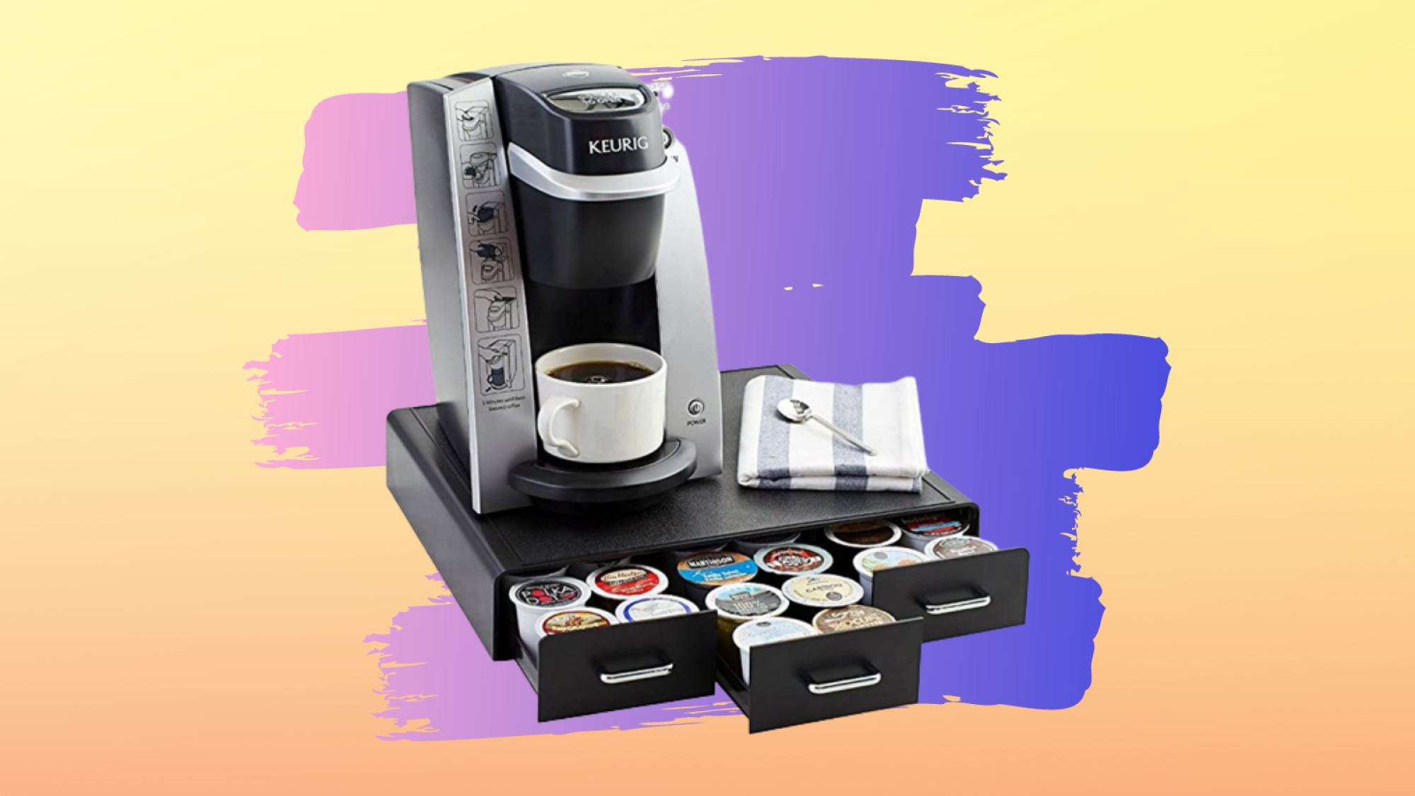 keurig with storage drawer full of k-cups underneath