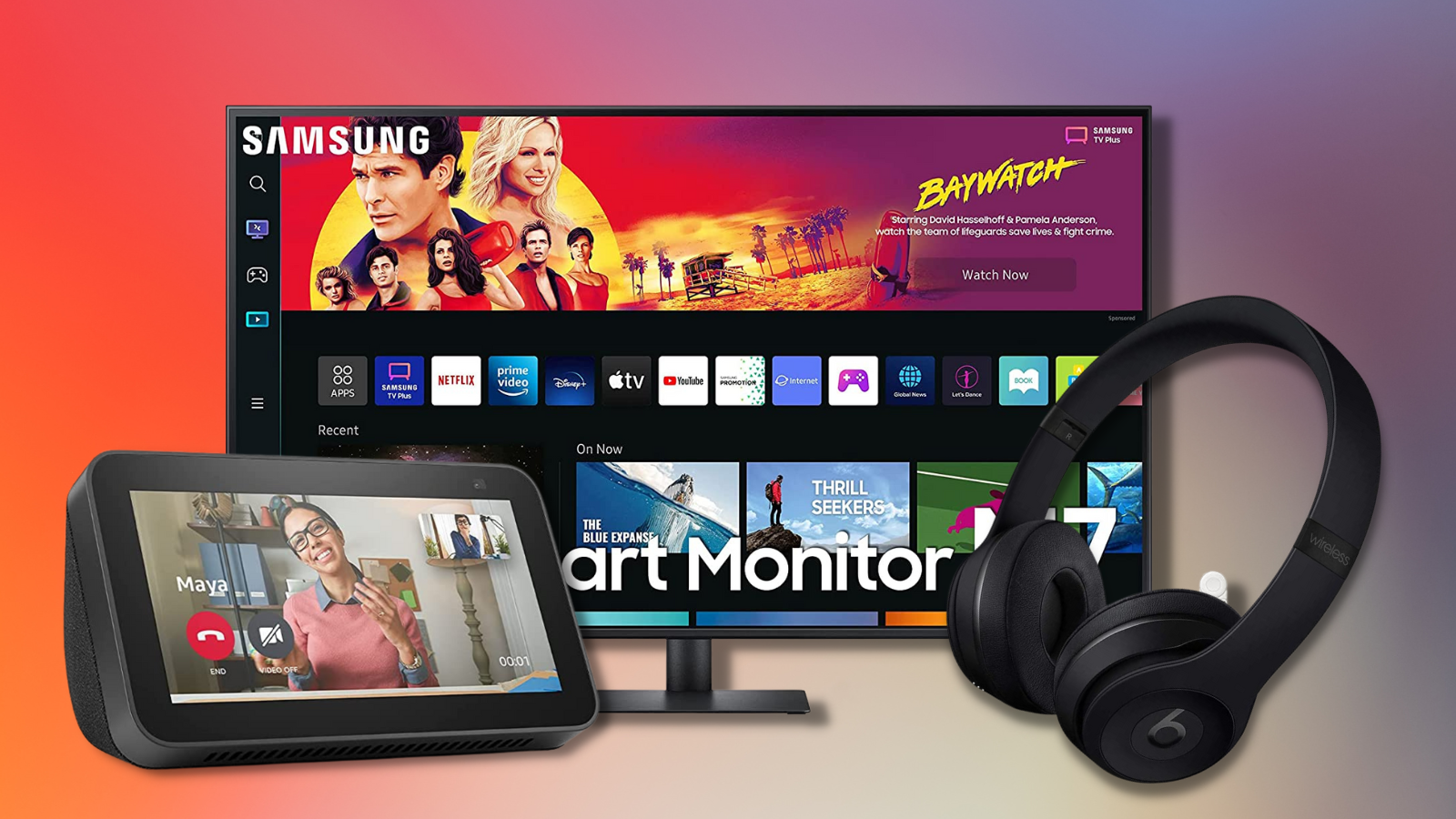 collage of echo show, samsung smart monitor, and beats solo3 headphones with purple and red background