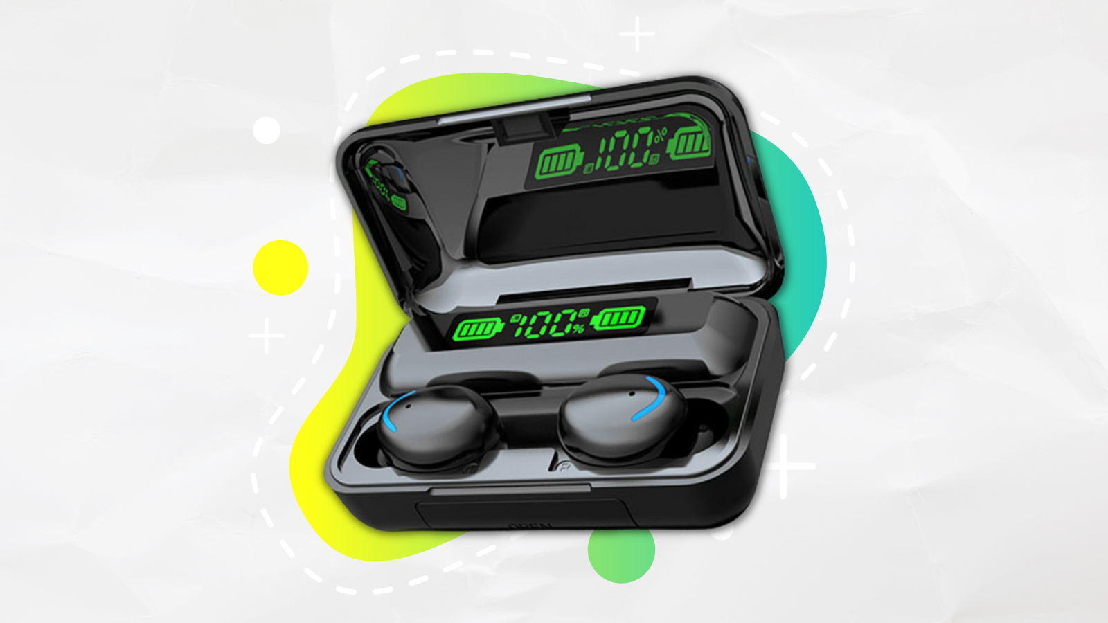 flux 7 tws earbuds in wireless charging case with colorful background